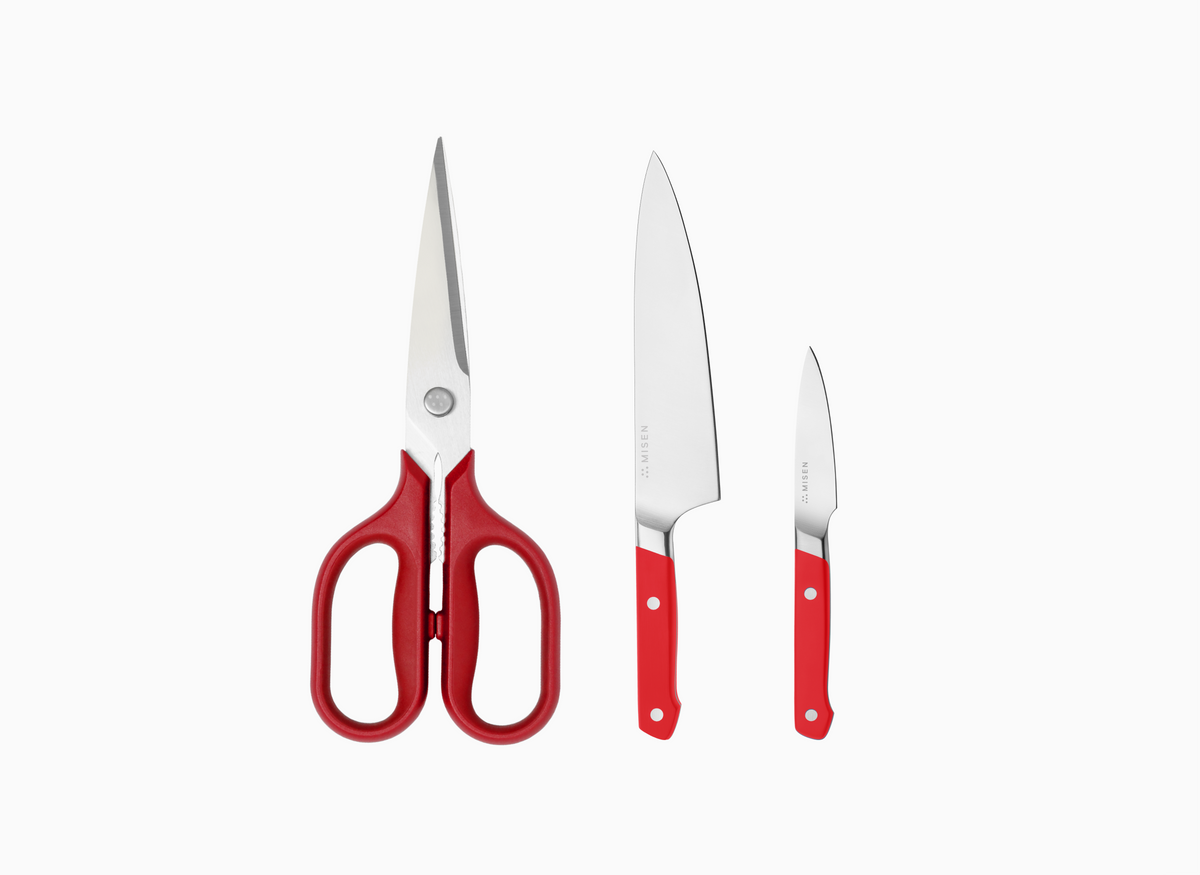 The Red Handed bundle comes with red Kitchen Shears, a red 8 inch Chef Knife and a red 3.5 inch Paring Knife