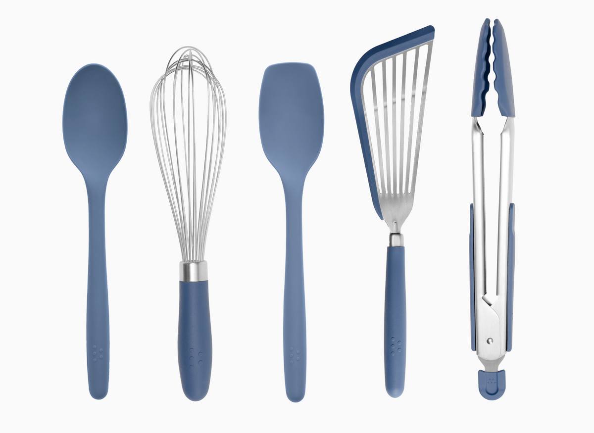 The Misen 5-Piece Prep Tool Set includes: Mixing Spoon, Whisk, Spoontula, Silicone Fish Spatula, Silicone Tongs