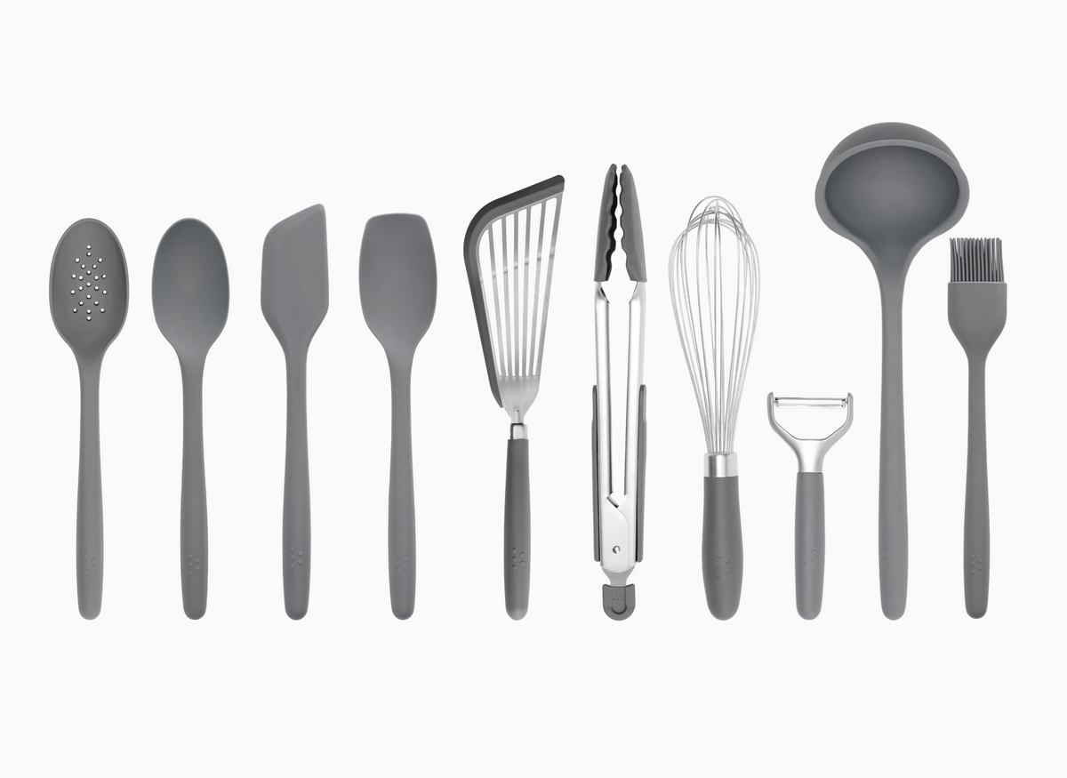 The Misen 10-Piece Prep Tool Set includes: Slotted Spoon, Mixing Spoon, Mixing Spatula, Spoontula, Silicone Fish Spatula, Silicone Tongs, Whisk, Peeler,&nbsp; Ladle, Pastry Brush