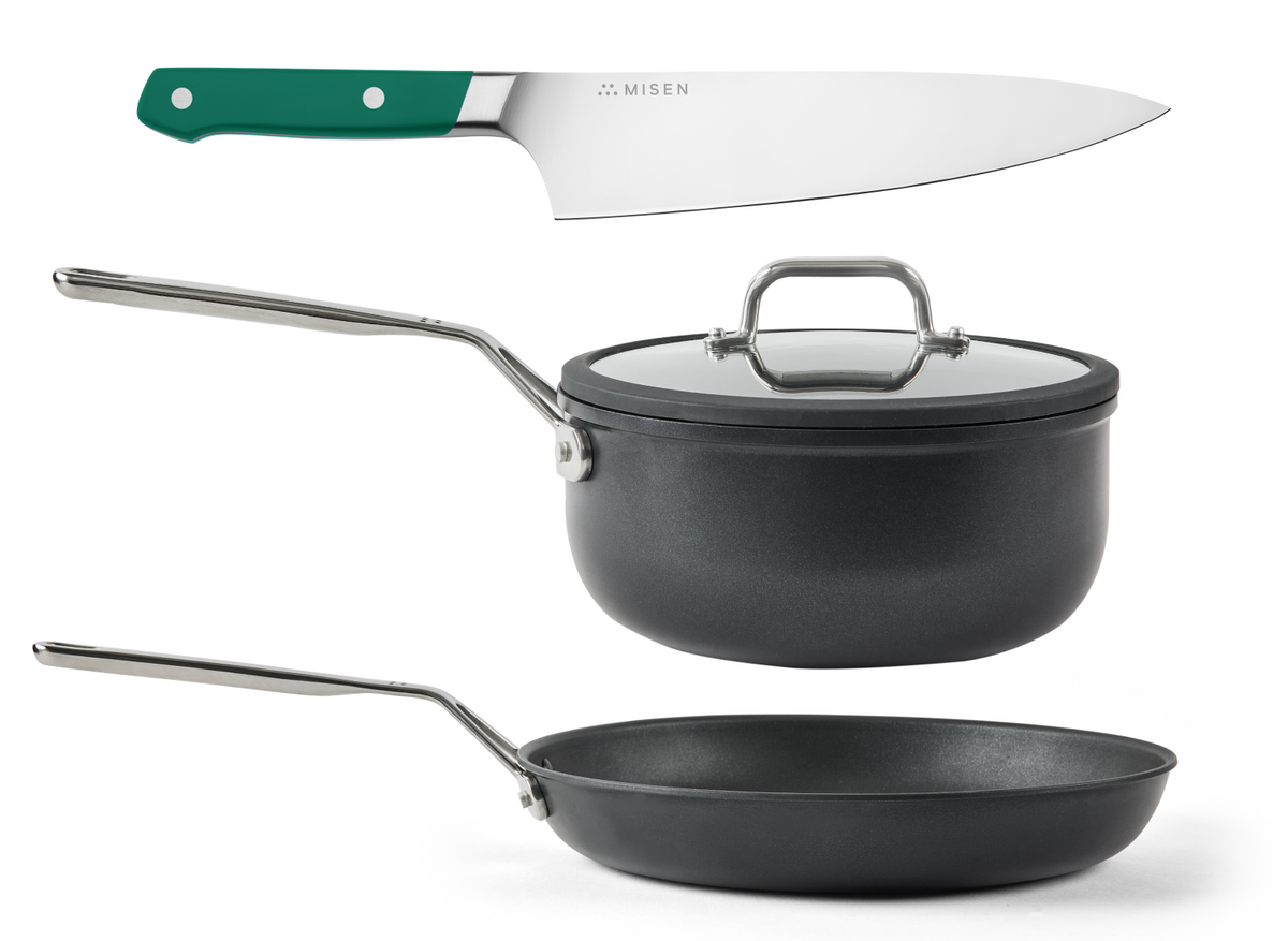 The Kitchen Starter Kit comes with an 8 inch green Chef Knife, a three quart Nonstick Saucier, and a ten inch Nonstick Pan