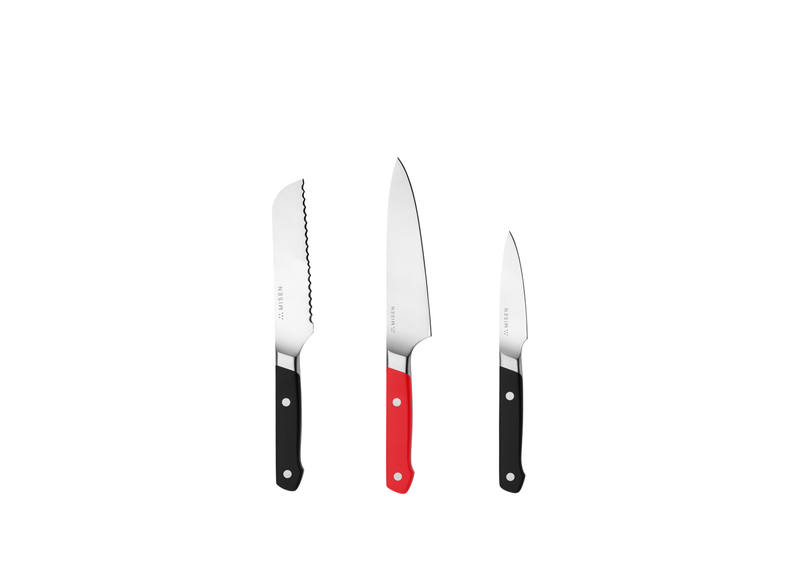 The Misen Minis set comes with a black 5 inch Short Serrated knife, a red 5.5 inch Utility Knife and a black 3.5 inch Paring Knife