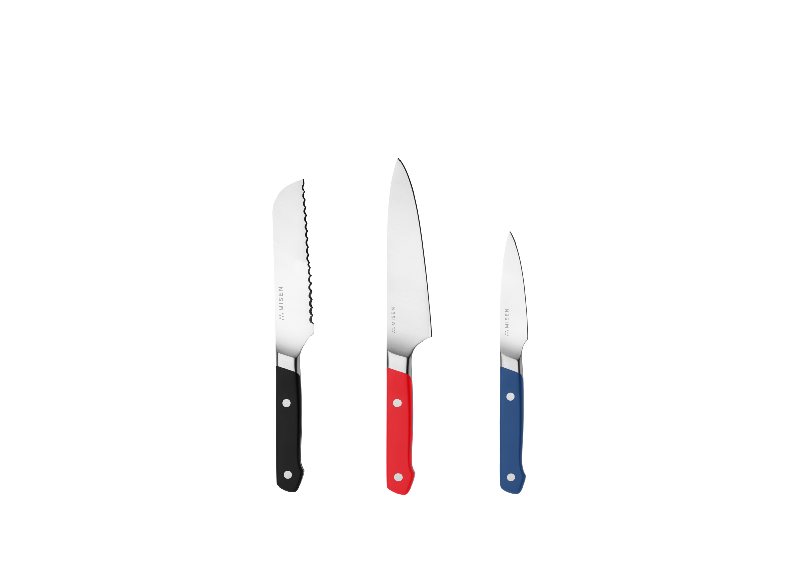 The Misen Minis set comes with a black 5 inch Short Serrated knife, a red 5.5 inch Utility Knife and a blue 3.5 inch Paring Knife