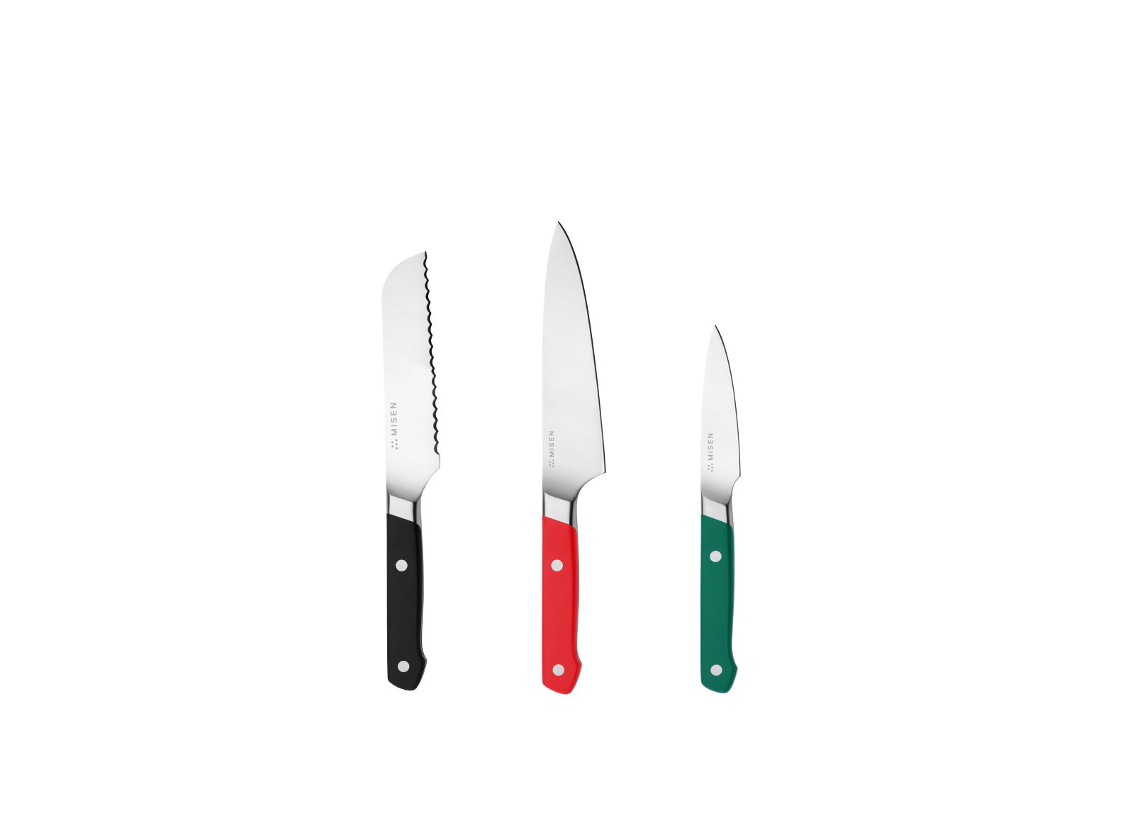The Misen Minis set comes with a black 5 inch Short Serrated knife, a red 5.5 inch Utility Knife and a green 3.5 inch Paring Knife
