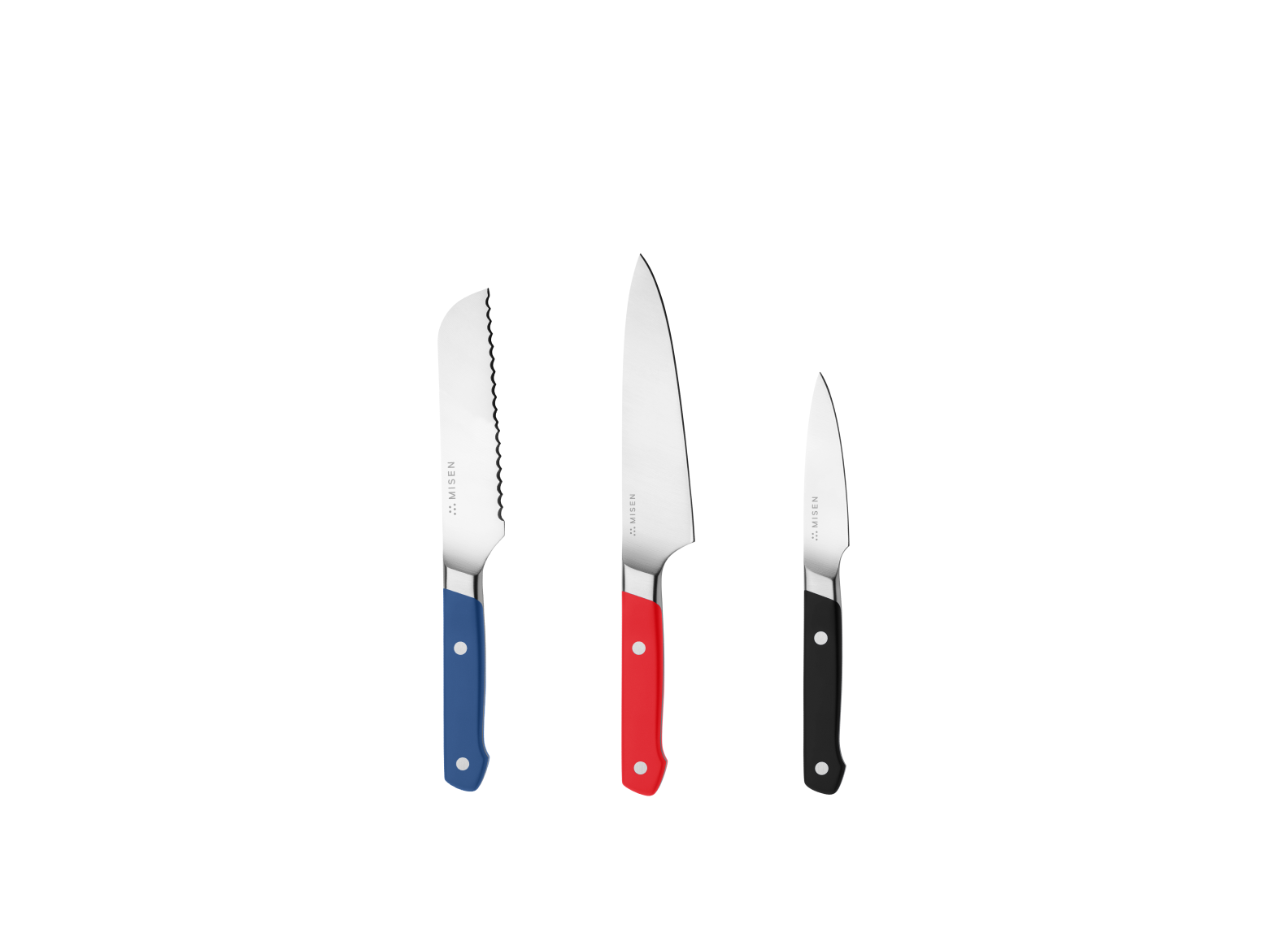 The Misen Minis set comes with a blue 5 inch Short Serrated knife, a red 5.5 inch Utility Knife and a black 3.5 inch Paring Knife
