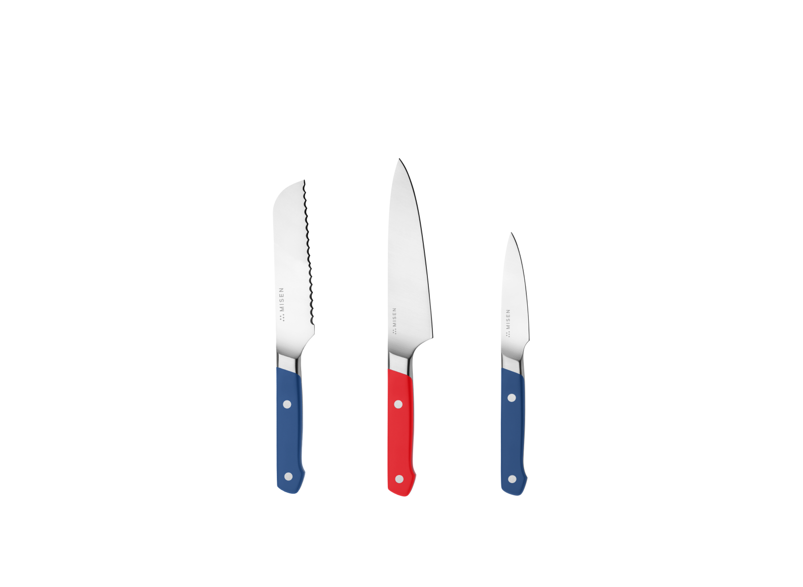 The Misen Minis set comes with a blue 5 inch Short Serrated knife, a red 5.5 inch Utility Knife and a blue 3.5 inch Paring Knife