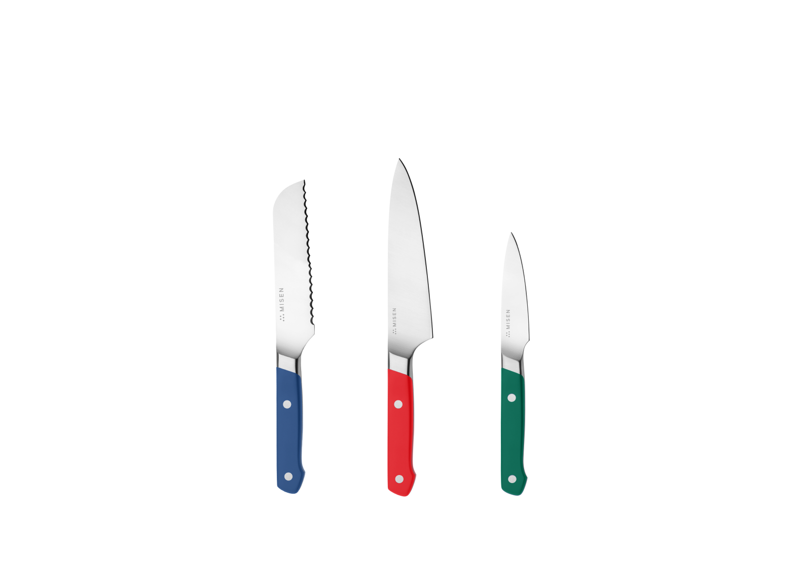 The Misen Minis set comes with a blue 5 inch Short Serrated knife, a red 5.5 inch Utility Knife and a green 3.5 inch Paring Knife