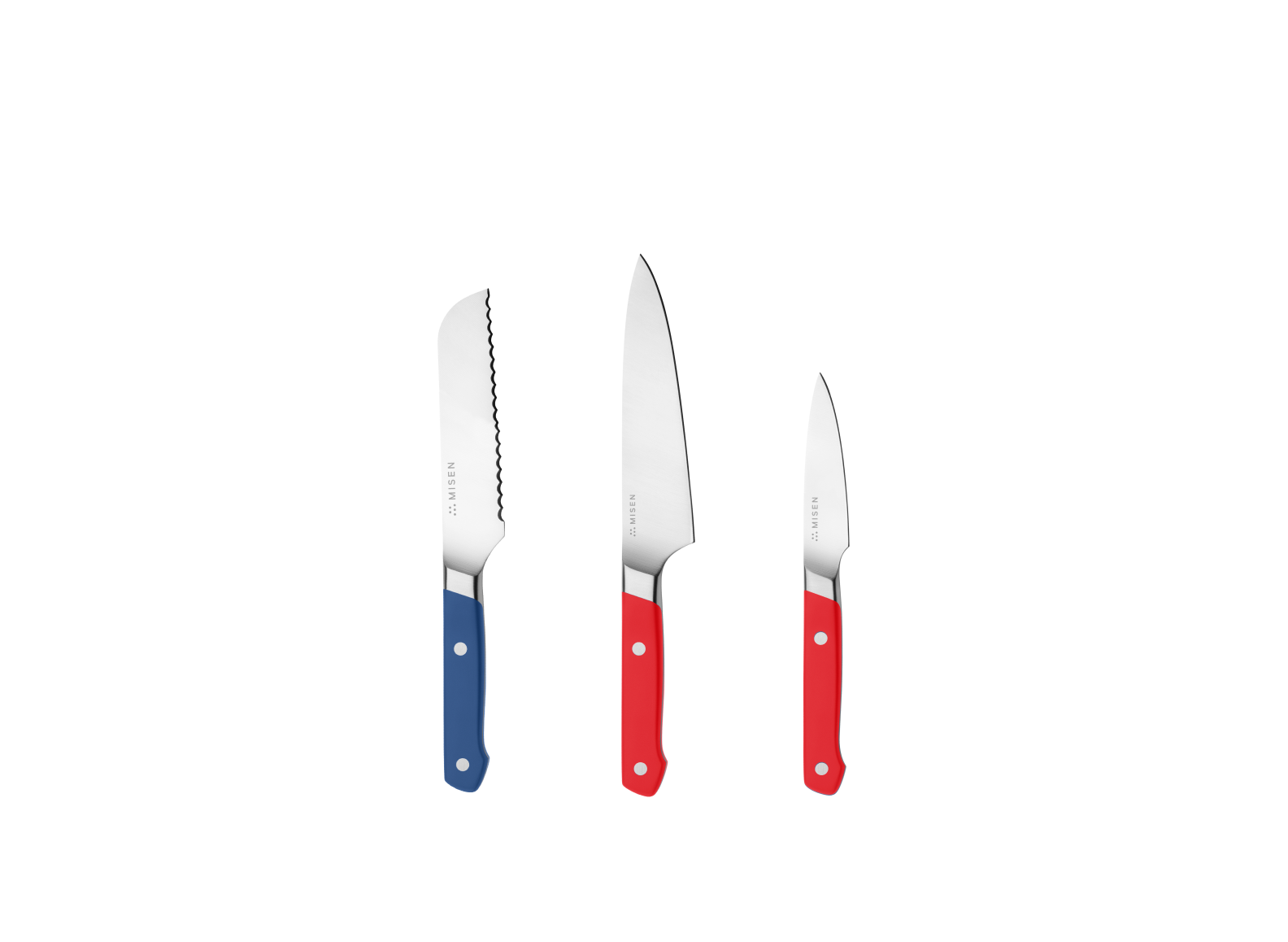 The Misen Minis set comes with a blue 5 inch Short Serrated knife, a red 5.5 inch Utility Knife and a red 3.5 inch Paring Knife