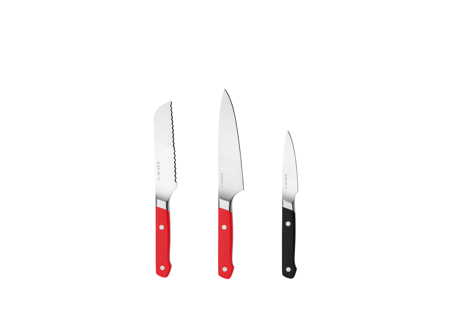 The Misen Minis set comes with a red 5 inch Short Serrated knife, a red 5.5 inch Utility Knife and a black 3.5 inch Paring Knife
