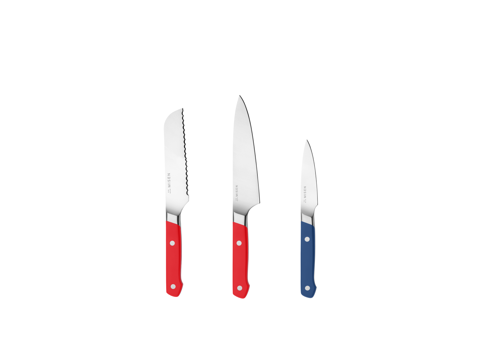 The Misen Minis set comes with a red 5 inch Short Serrated knife, a red 5.5 inch Utility Knife and a blue 3.5 inch Paring Knife