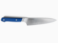 A side view of a blue-handled 5.5 inch Utility Knife 2.0 against a clean white background. The knife is positioned horizontally, with the handle on the left and the blade extending to the right. The silver-toned ACUTO440 steel blade is engraved with the word "MISEN" and a logo. The handle is a vibrant blue with two silver rivets visible.