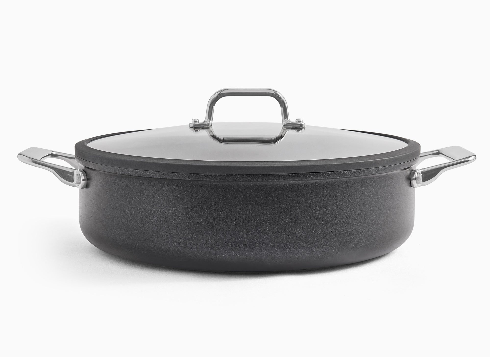 A front-facing view of the Misen Nonstick Rondeau with lid on, on a white background.