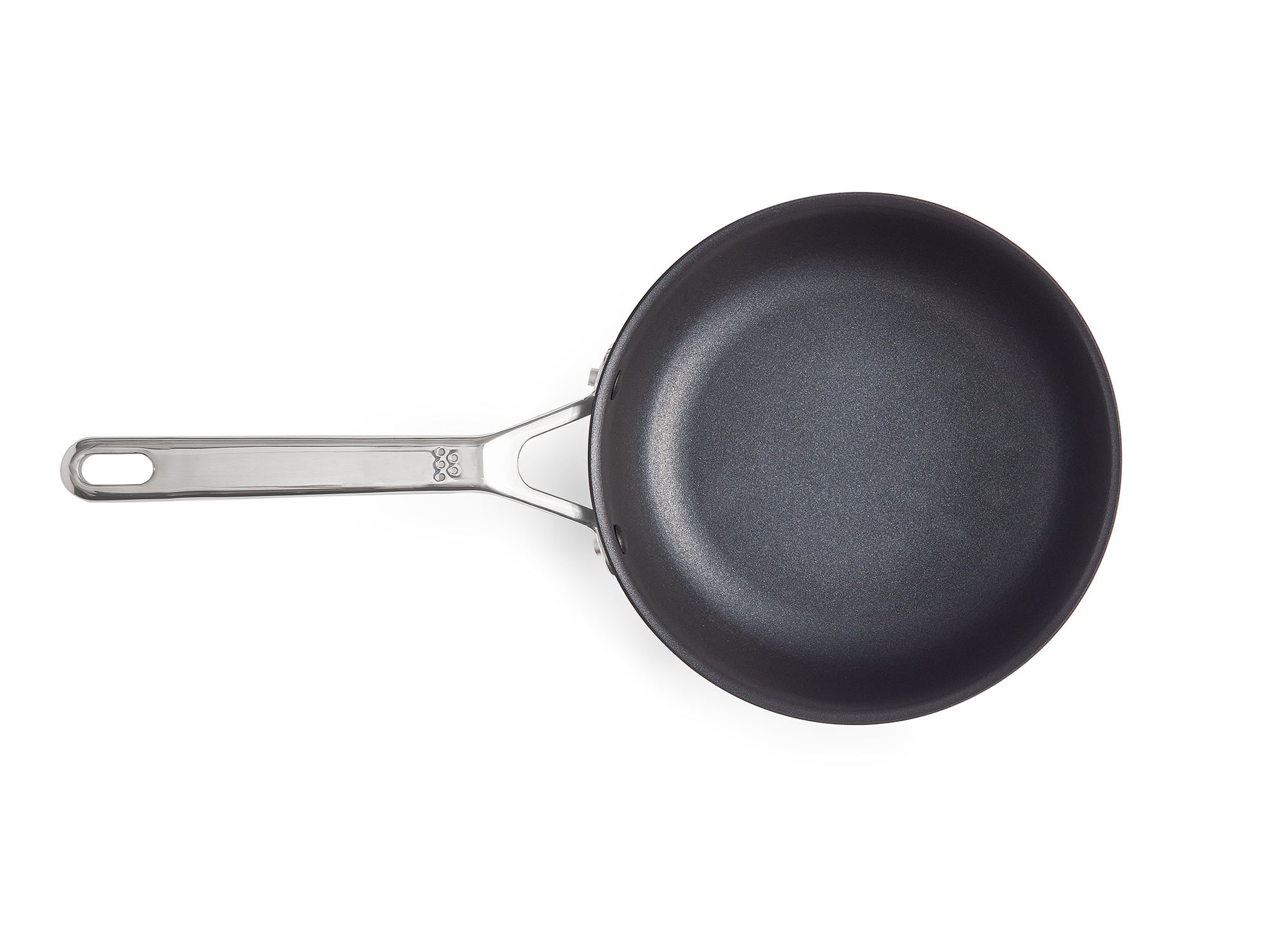 A bird’s eye view of the Misen 3 QT Nonstick Saucier, with lid removed, on a white background.