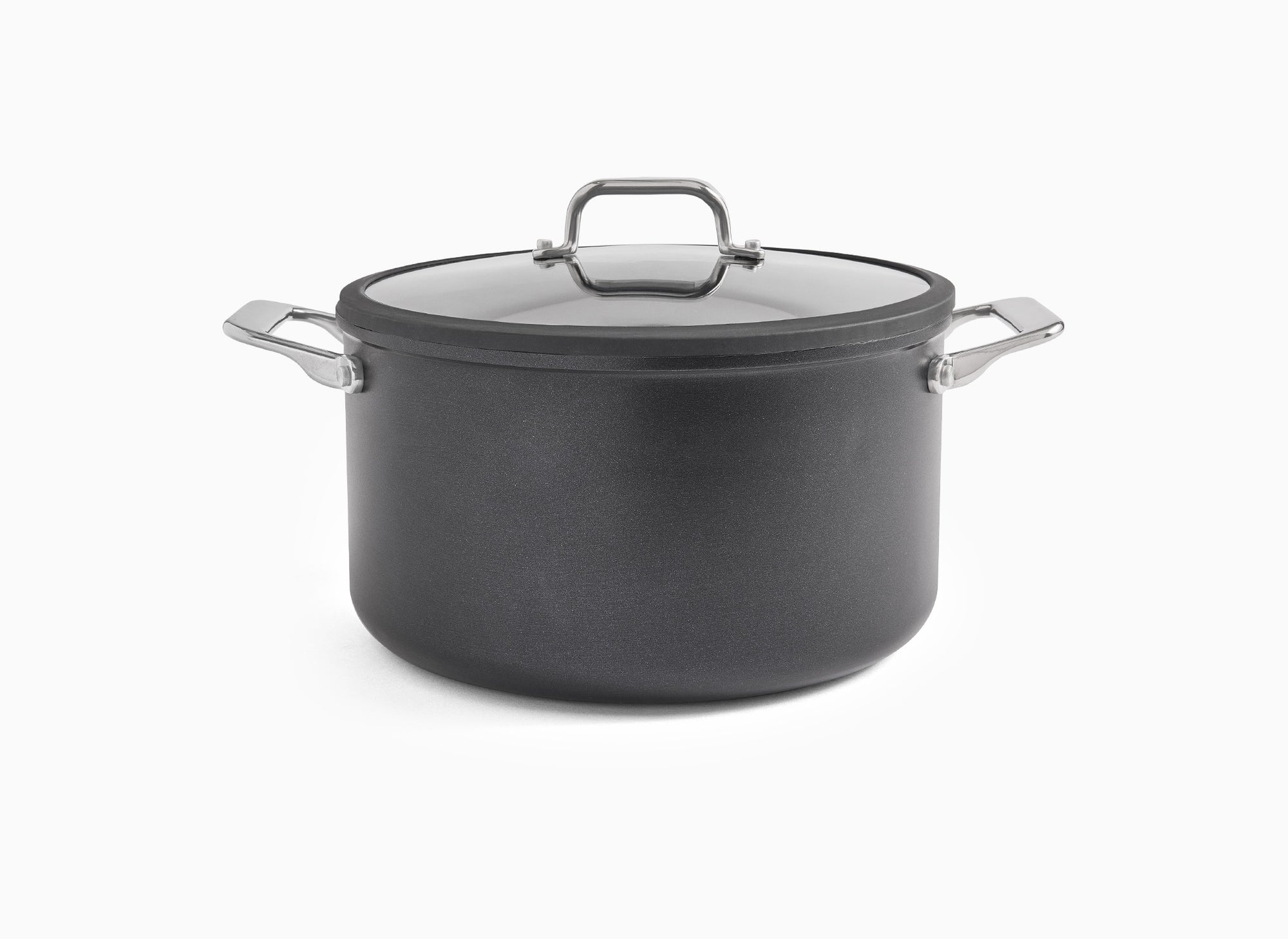 A side-facing view of the Misen 8 QT Nonstick Stockpot, with lid on, on a white background.