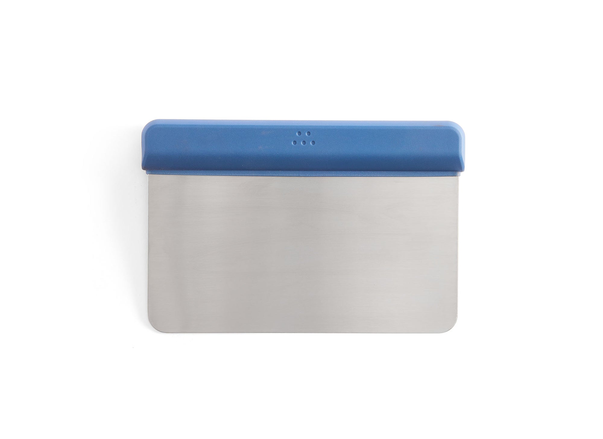 A front-facing view of the Misen Bench Scraper with blue silicone handle on a white background, with the handle facing upward and full view of the blade. 