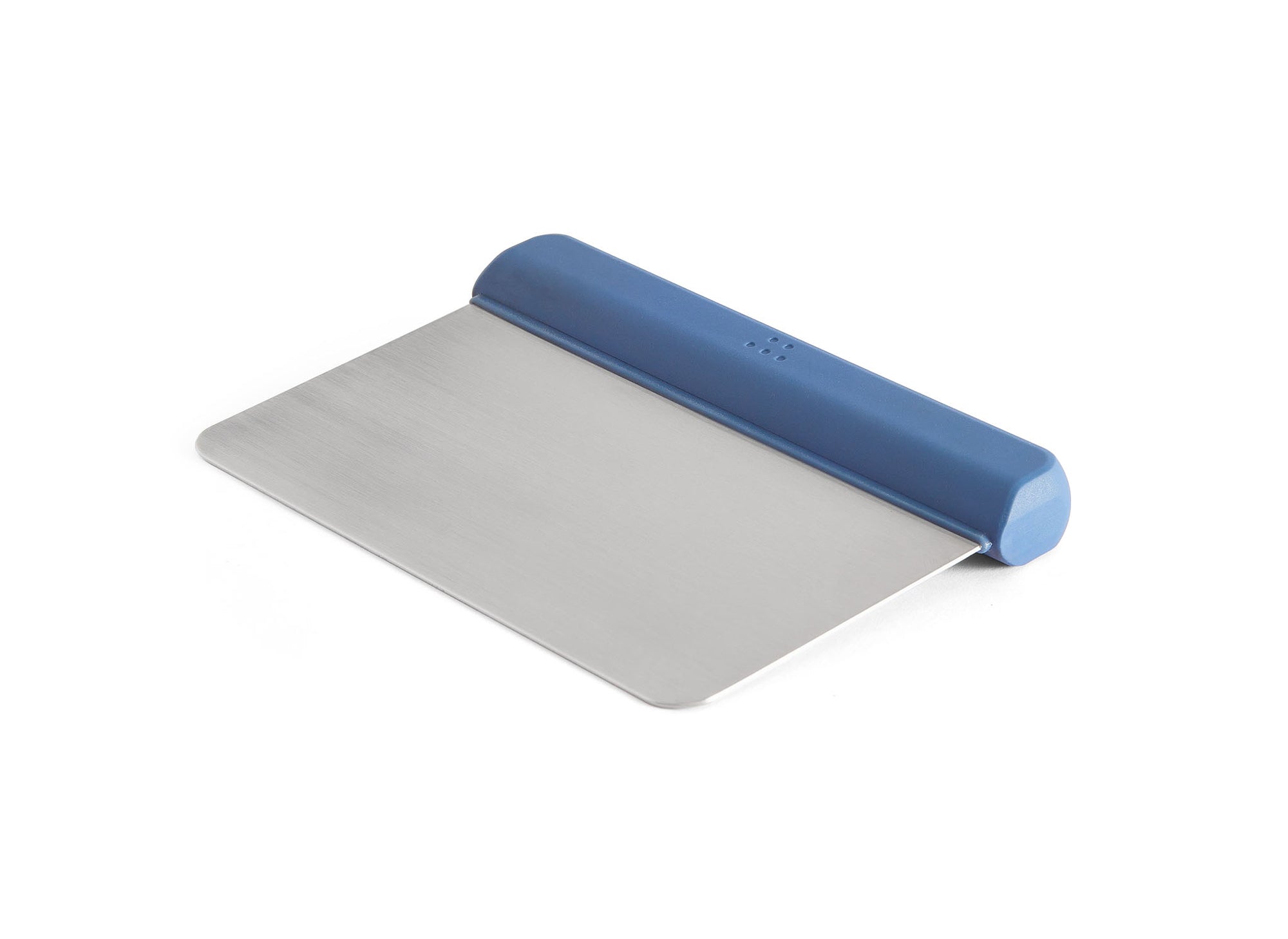 A side-angle view of the Misen Bench Scraper with blue silicone handle, on a white background. 