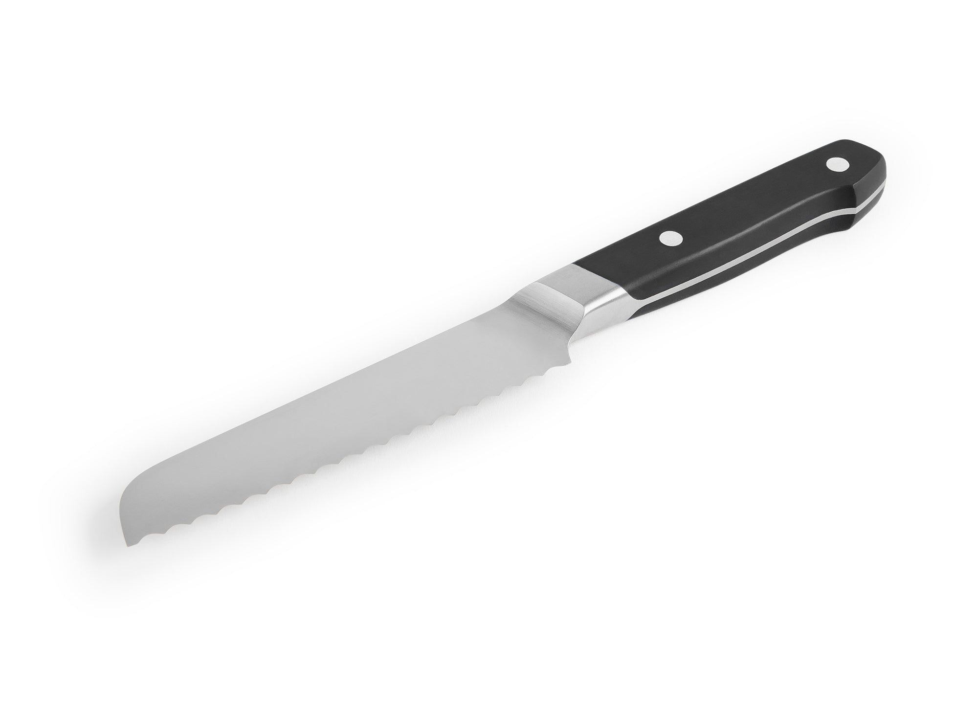The black Misen Short Serrated Knife on a white background, with the blade pointing downward.