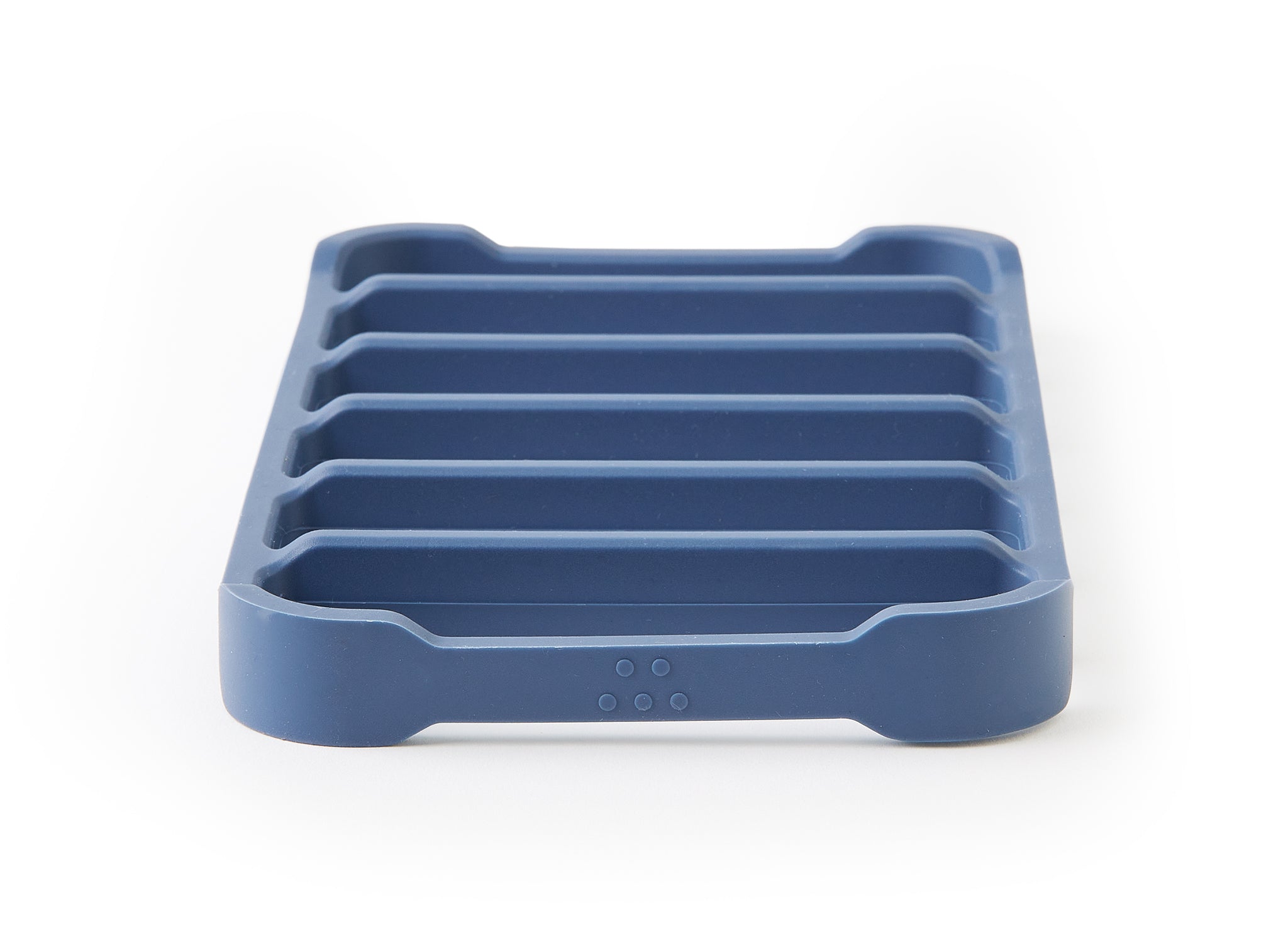 A front view of a blue Misen Silicone Roasting Rack, slightly angled upward, on a white background.