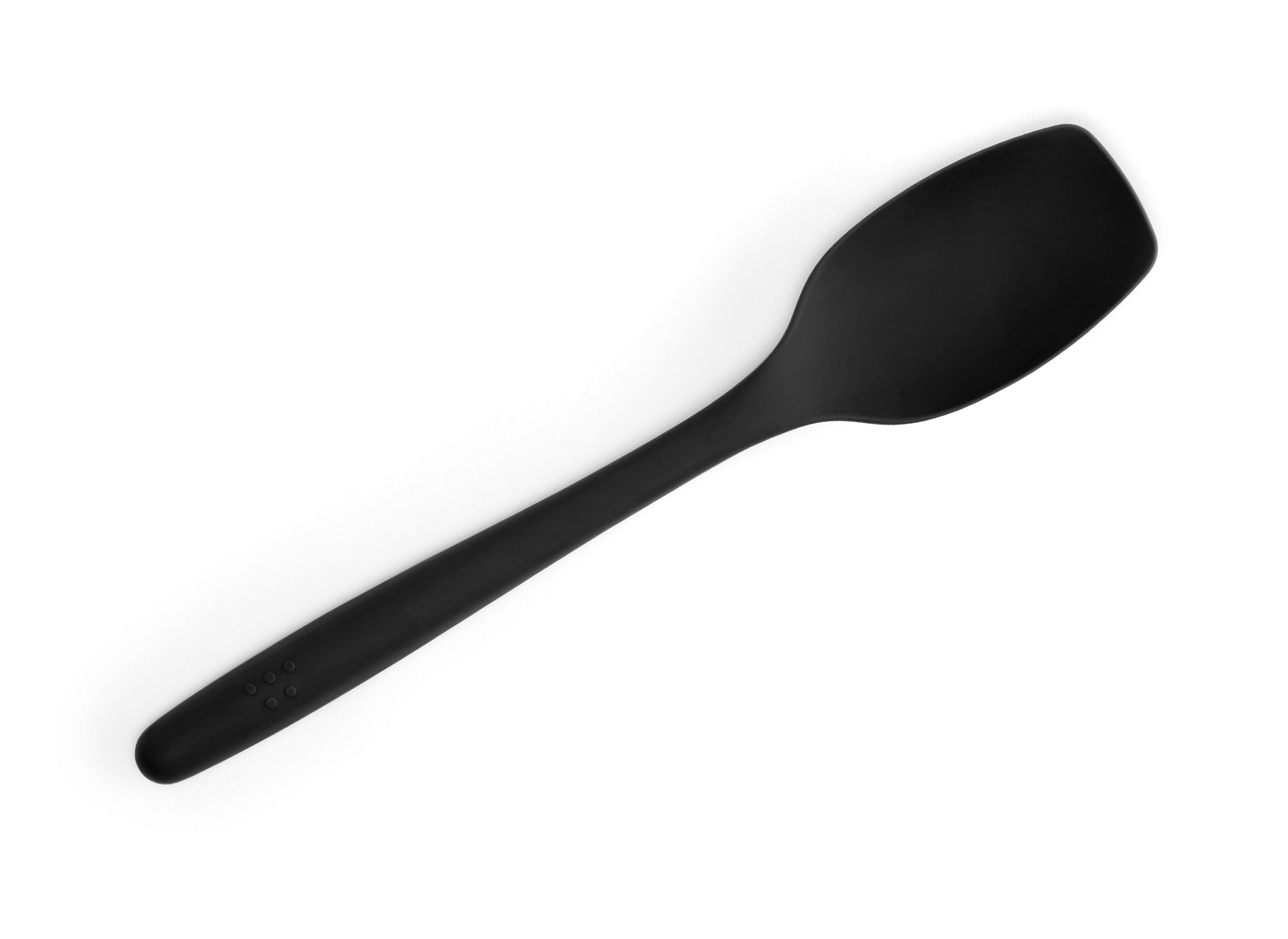 Black Misen Spoontula seen from above on a white background. A curved spoon-like head with rounded corner edges and a long handle.