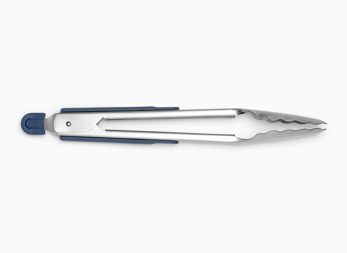 Blue Misen Metal Tongs in a closed position, seen from the side on a seamless white background.