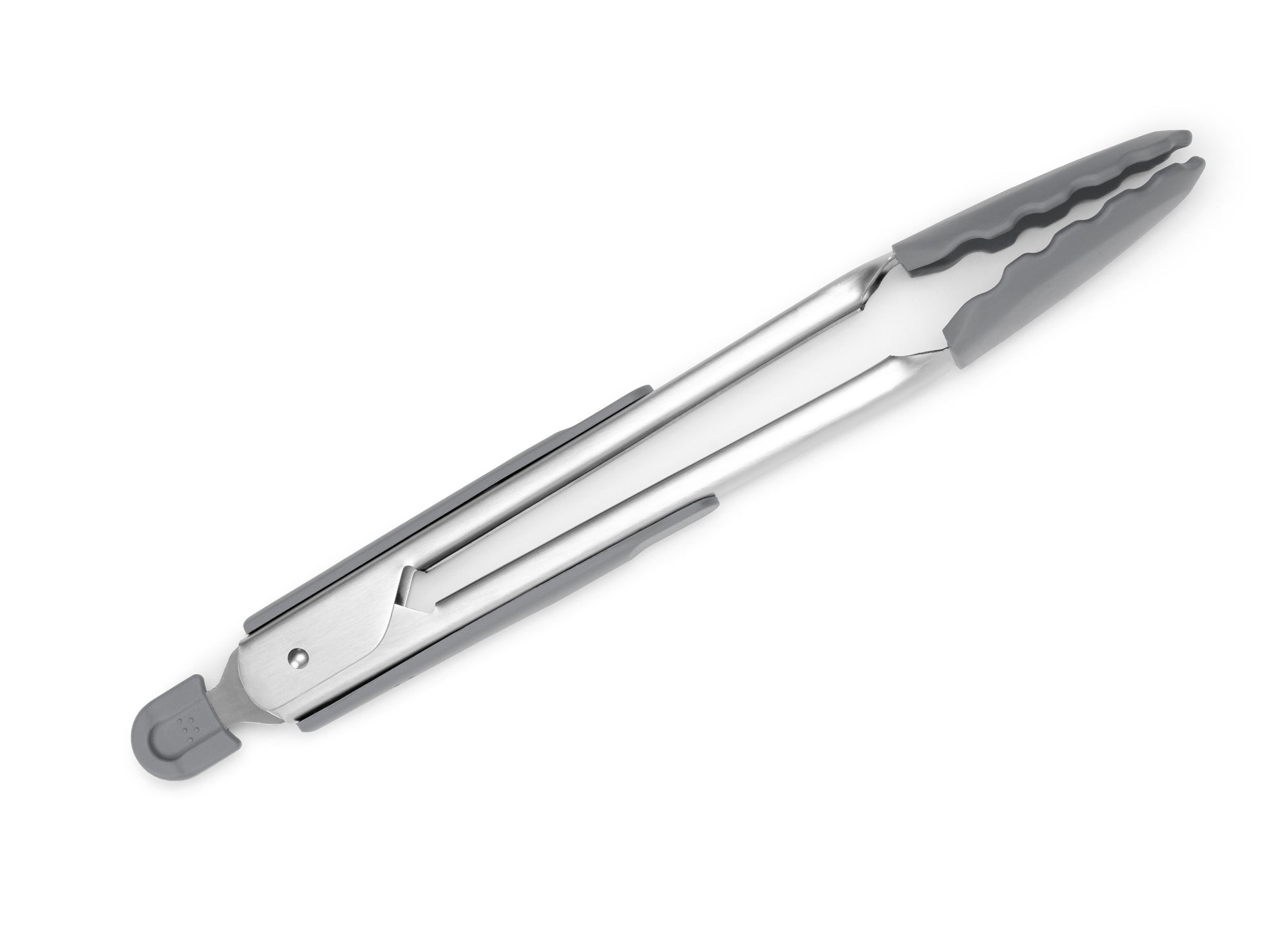 Grey Misen Silicone Tongs in a closed position, seen from the side on a seamless white background.
