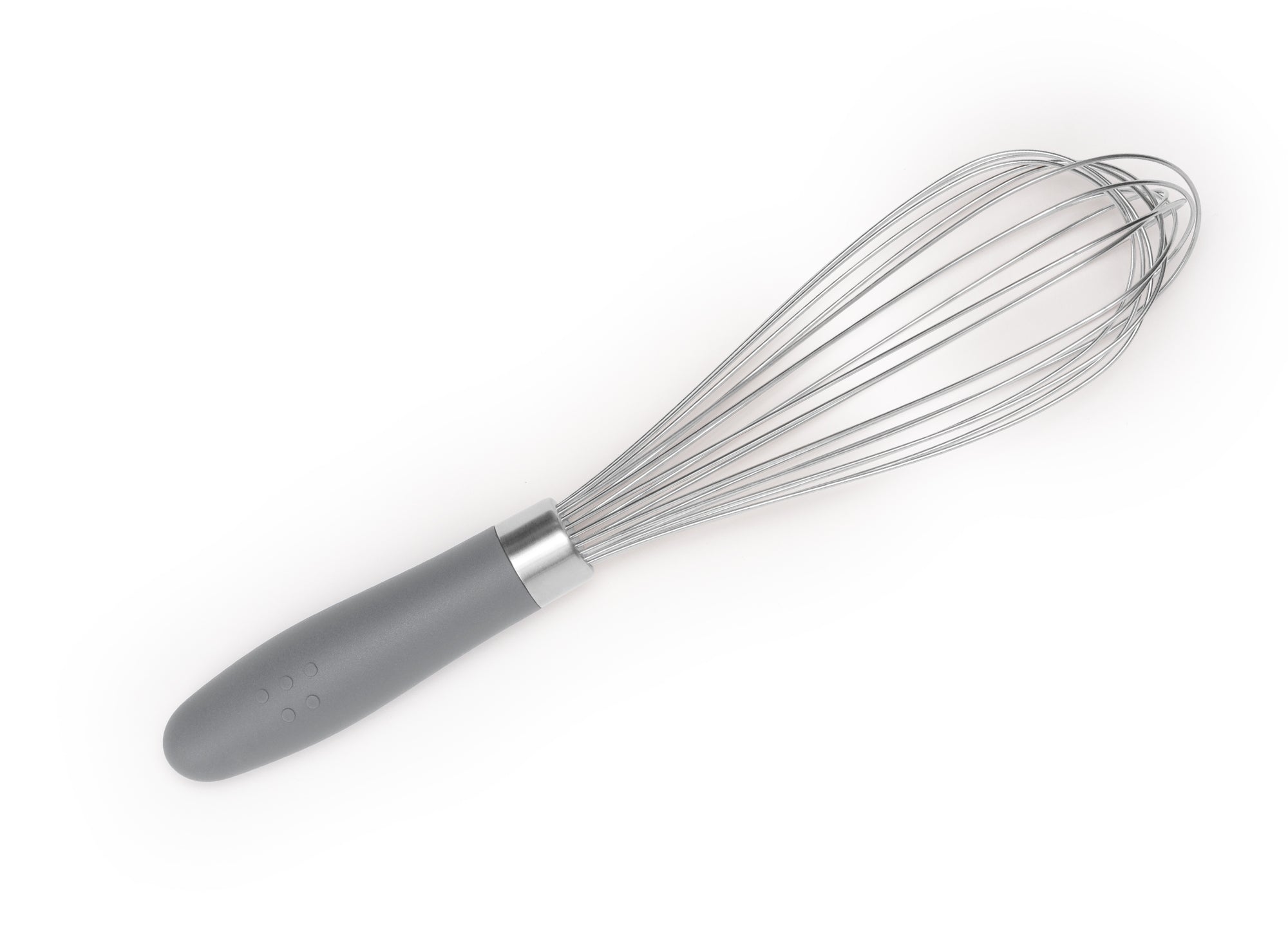 Grey Misen Whisk seen from above on a white background.