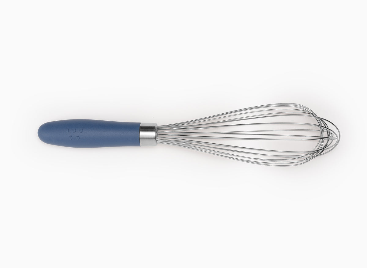 Blue Misen Whisk seen from above on a white background.