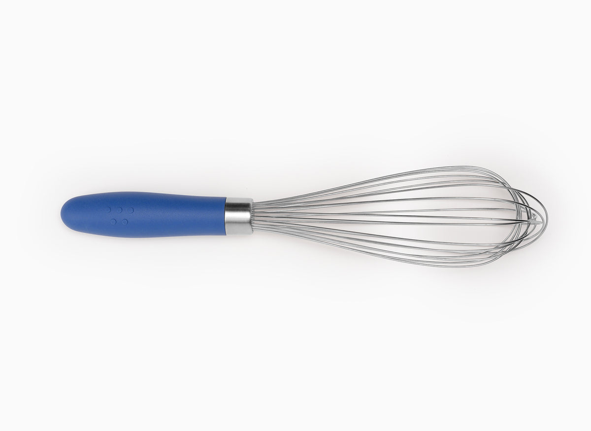 A Misen stainless steel whisk with a blue silicone handle on a white background.