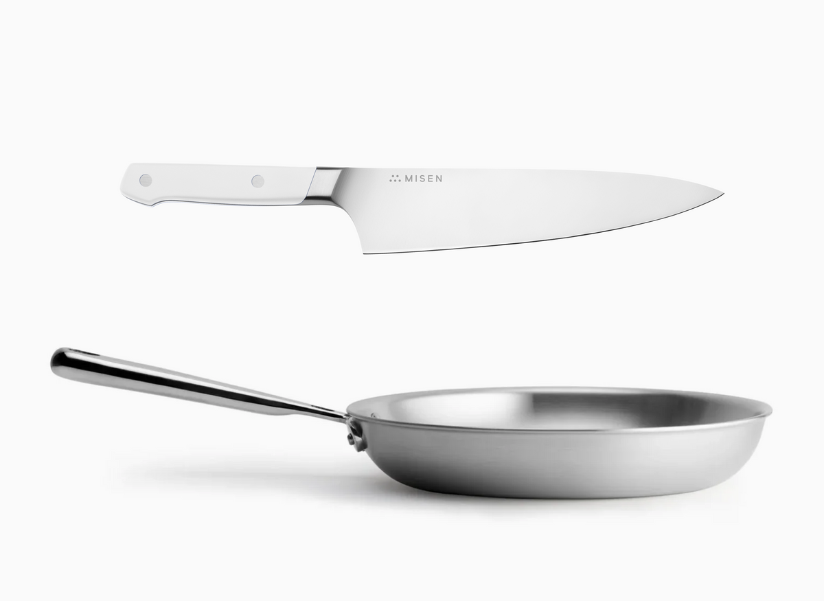 8 inch Misen Chef's Knife in white and a 10 inch Misen Stainless Steel Skillet Pan