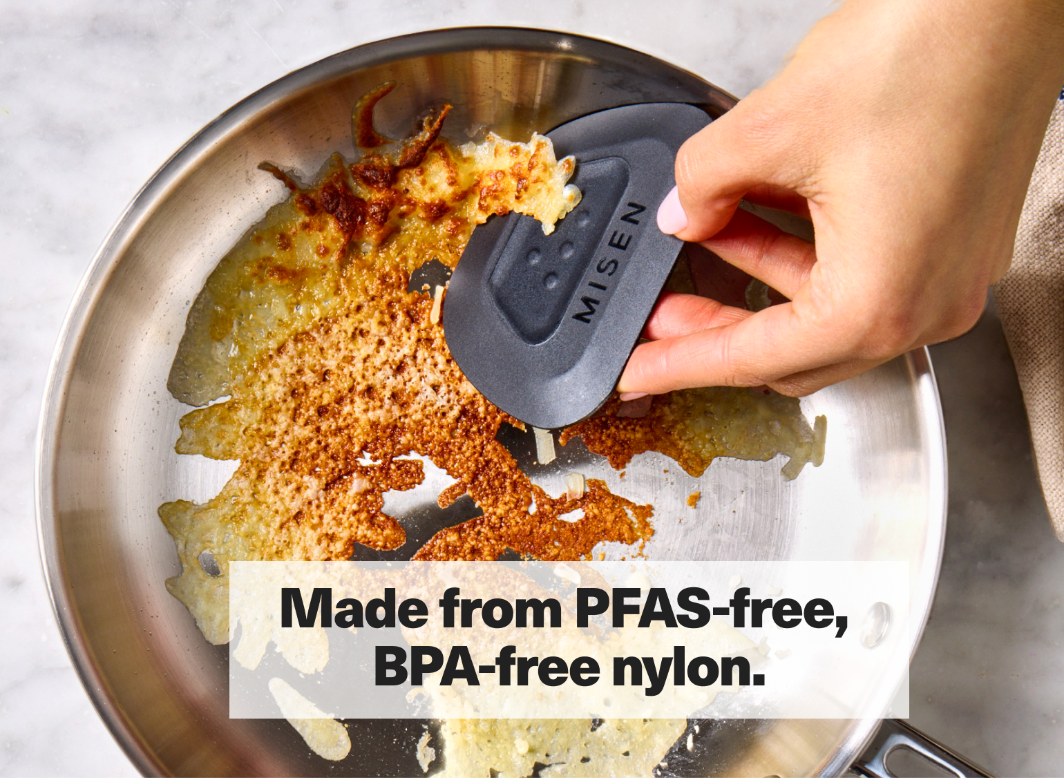 The Misen Pan Scraper is made from PFAS-free, BPA-free nylon.