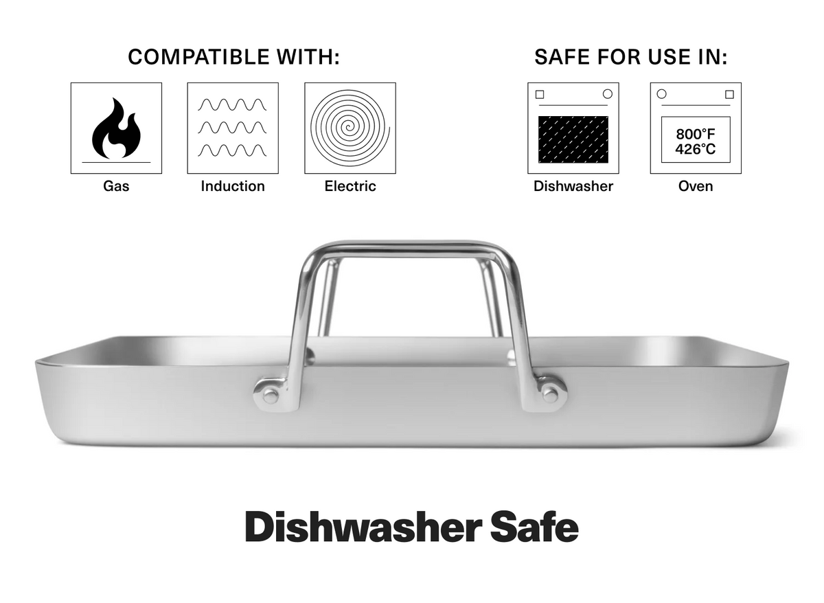 The Misen Roasting Pan is compatible with gas, induction, and electric stove tops. It's also dishwasher and oven safe up to 800 degrees fahrenheit. 