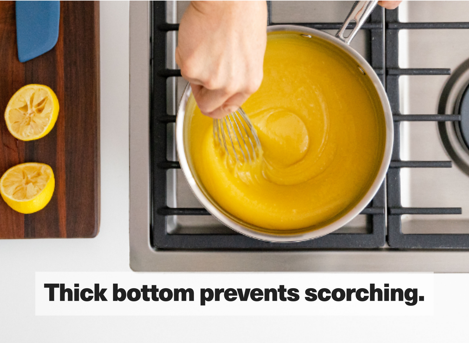 The thick bottom on the Misen Stainless Saucier prevents scorching.