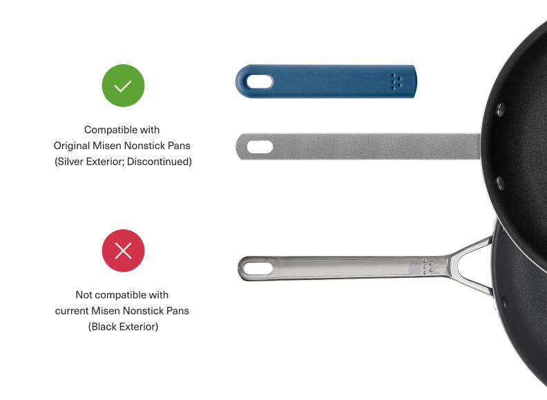 The Misen Silicone Handle will fit on Original Misen Nonstick Pans with a silver exterior (these have been discontinued). They will not fit on current Misen Nonstick Pans with a black exterior.