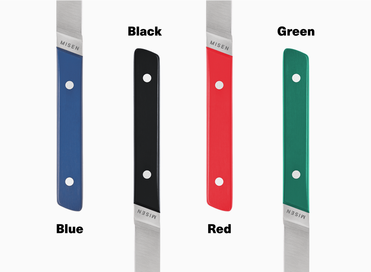 The Misen Acuto Straight Edge Steak Knives comes in blue, black, red & green.