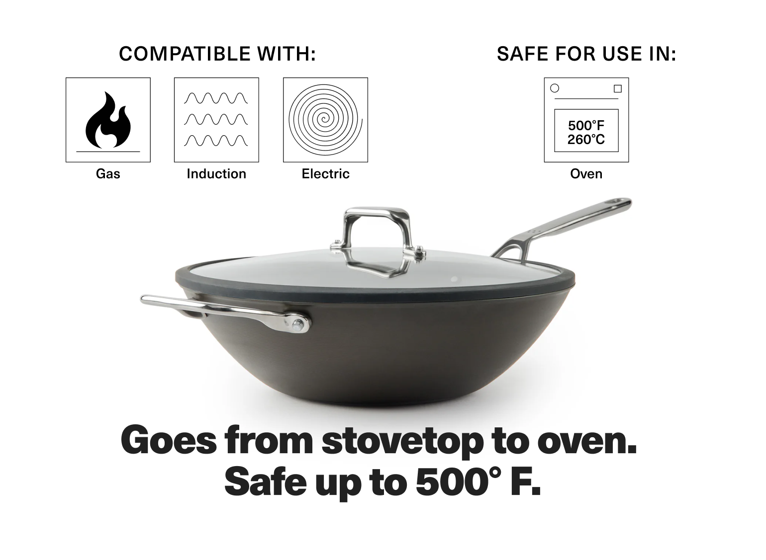 The Misen Wok goes from stovetop to oven. Safe up to 500°F.