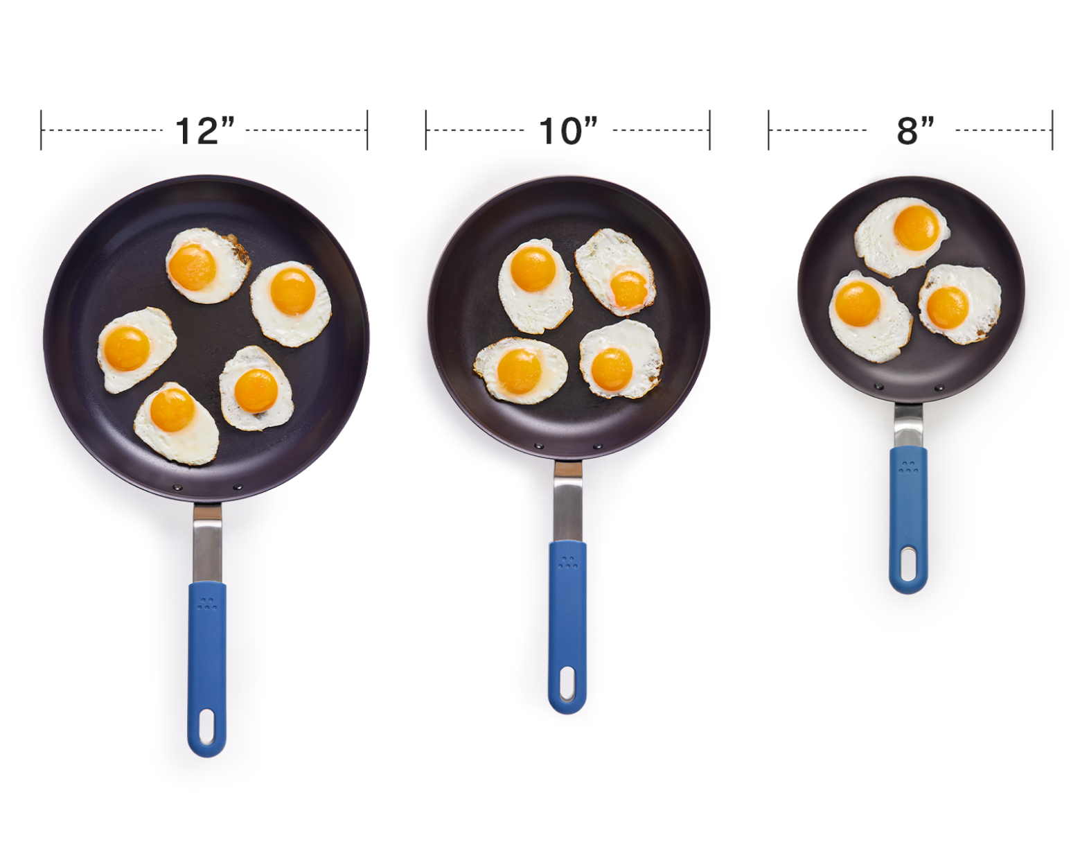 A 12 inch Misen Pre-Seasoned Carbon Steel Pan can fit five eggs while a 10 inch Misen Pre-Seasoned Carbon Steel Pan can fit three eggs.