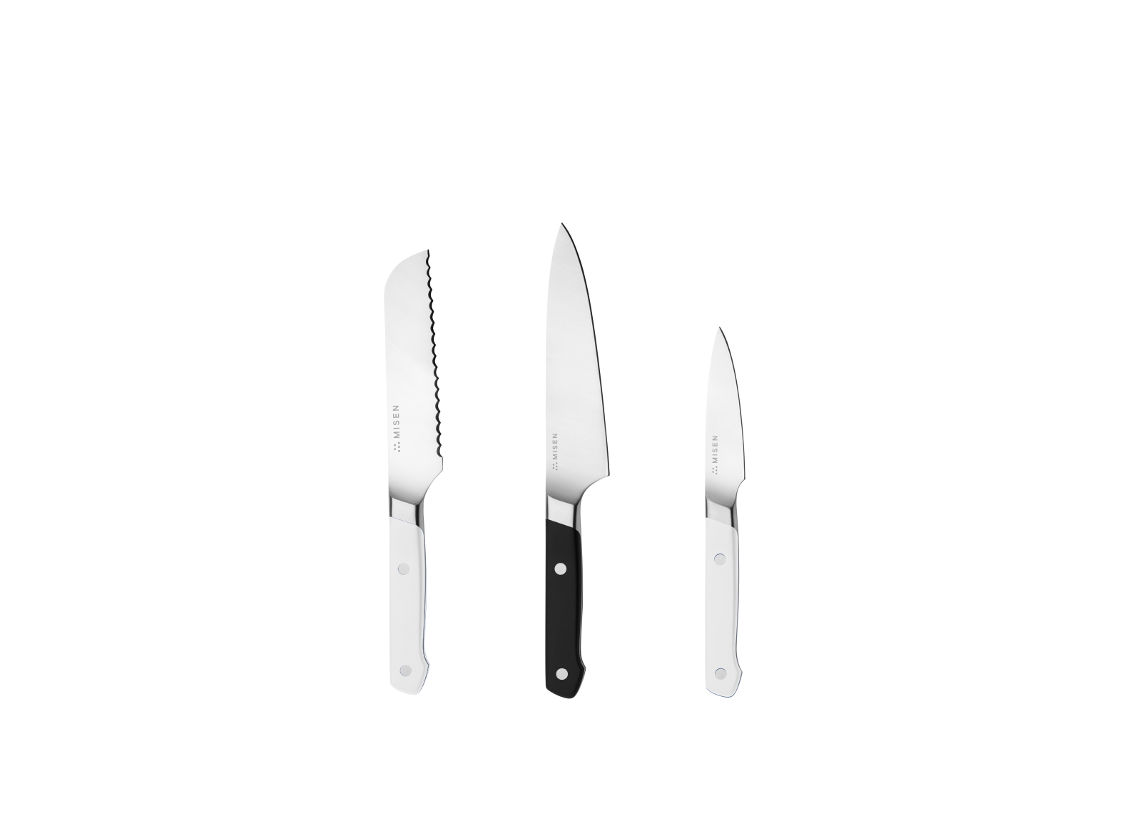 The Misen Minis set comes with a White 5 inch Short Serrated knife, a Black 5.5 inch Utility Knife and a White 3.5 inch Paring Knife