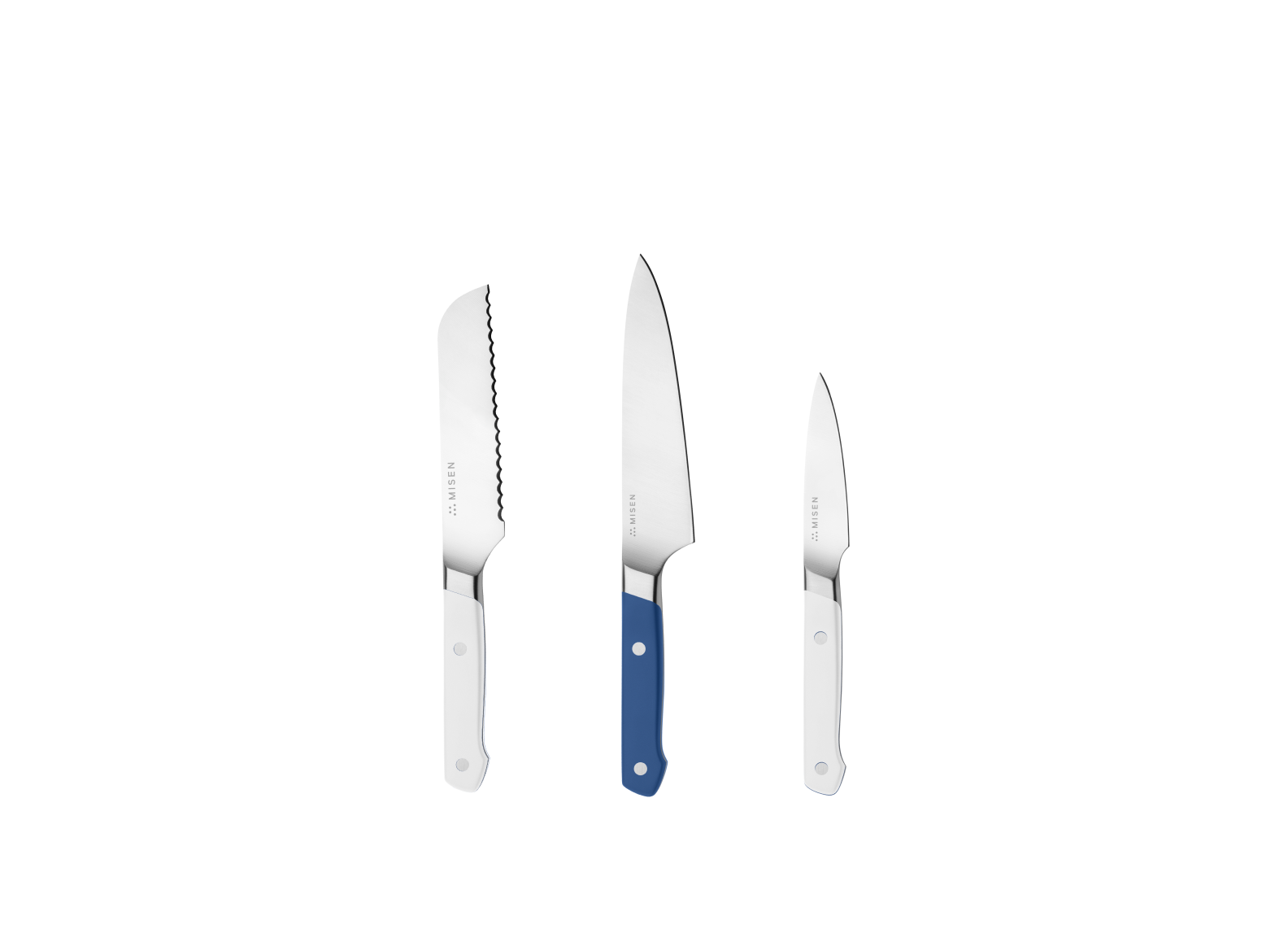 The Misen Minis set comes with a White 5 inch Short Serrated knife, a Blue 5.5 inch Utility Knife and a White 3.5 inch Paring Knife