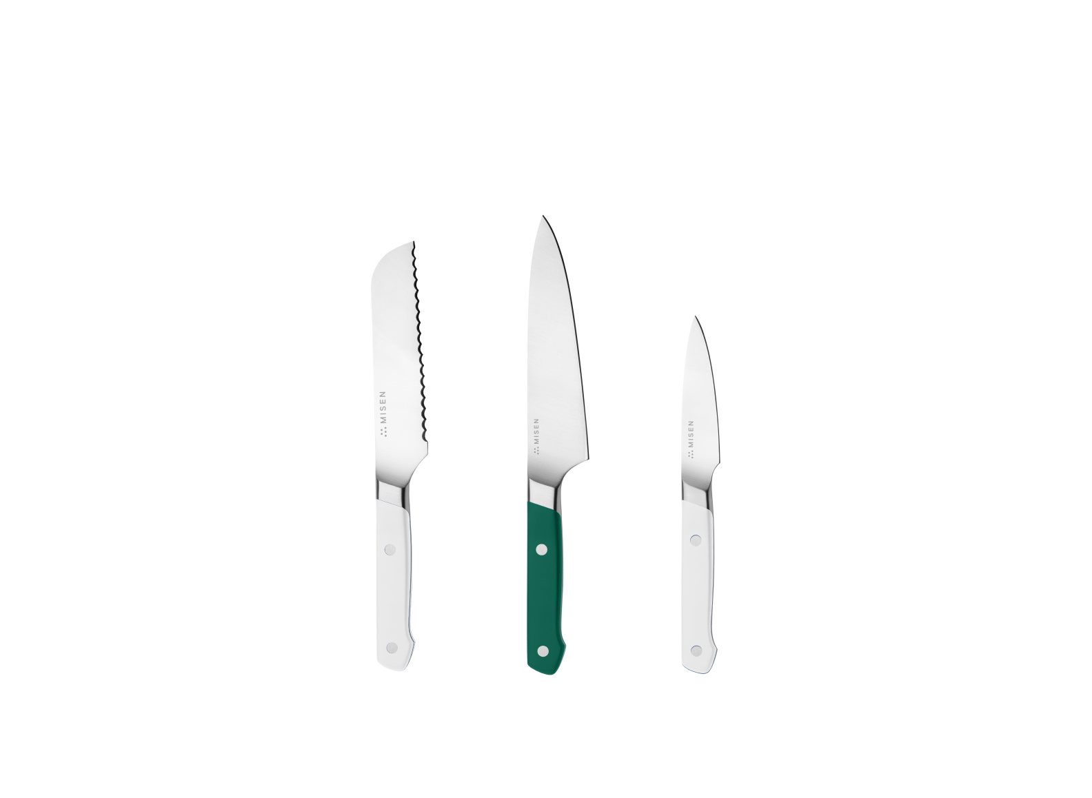 The Misen Minis set comes with a White 5 inch Short Serrated knife, a Green 5.5 inch Utility Knife and a White 3.5 inch Paring Knife