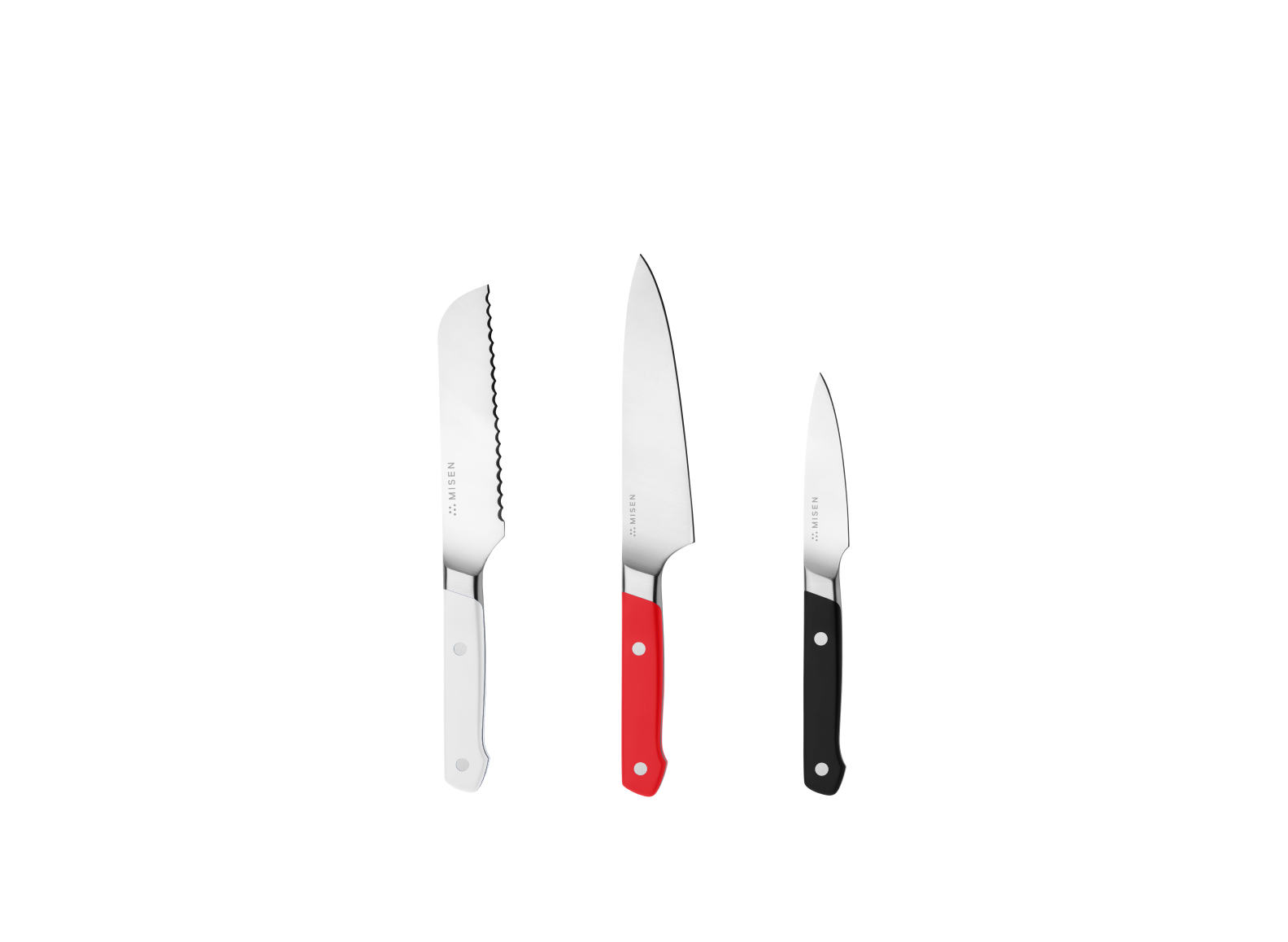 The Misen Minis set comes with a White 5 inch Short Serrated knife, a Red 5.5 inch Utility Knife and a Black 3.5 inch Paring Knife