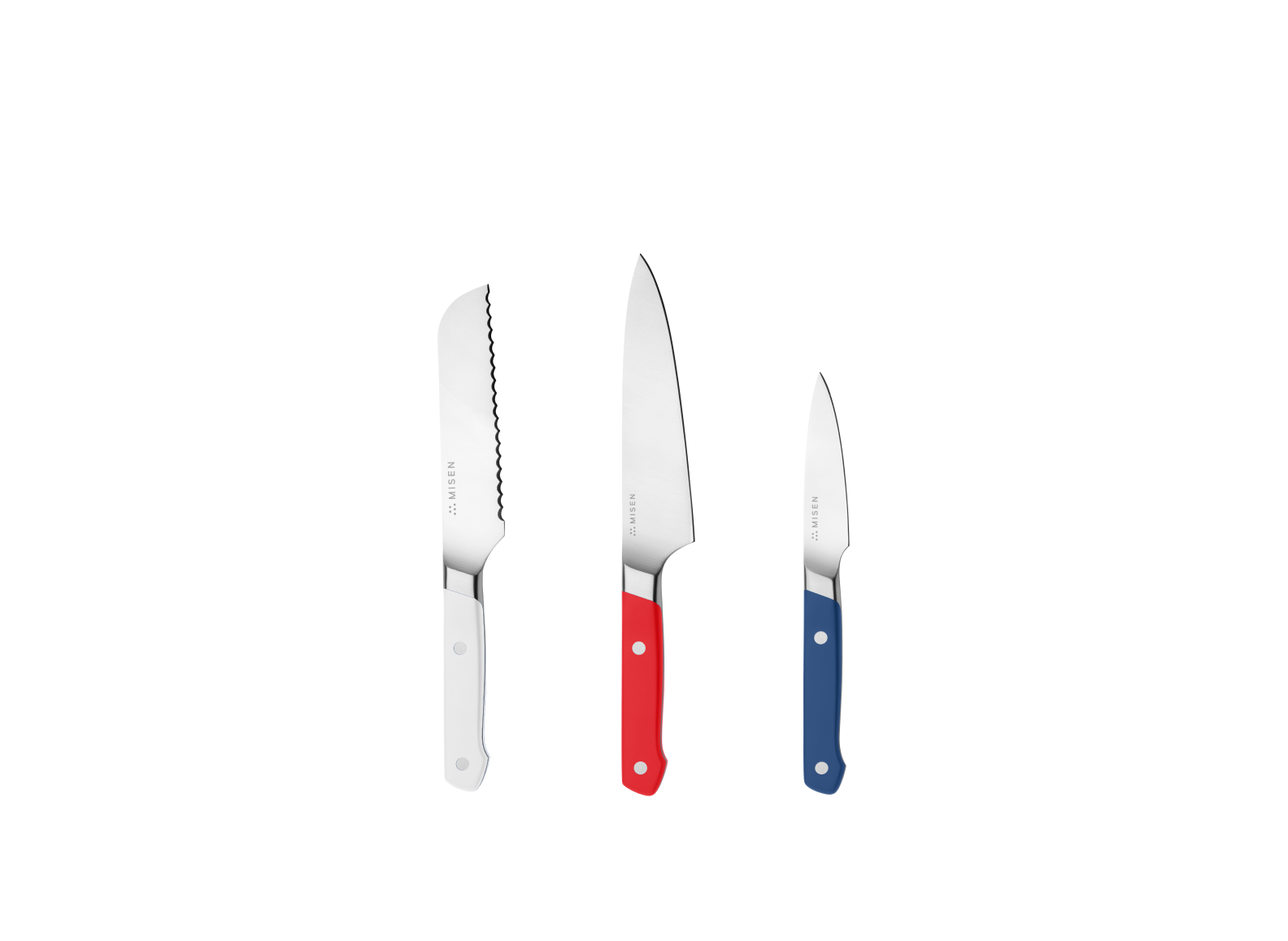 The Misen Minis set comes with a White 5 inch Short Serrated knife, a Red 5.5 inch Utility Knife and a Blue 3.5 inch Paring Knife