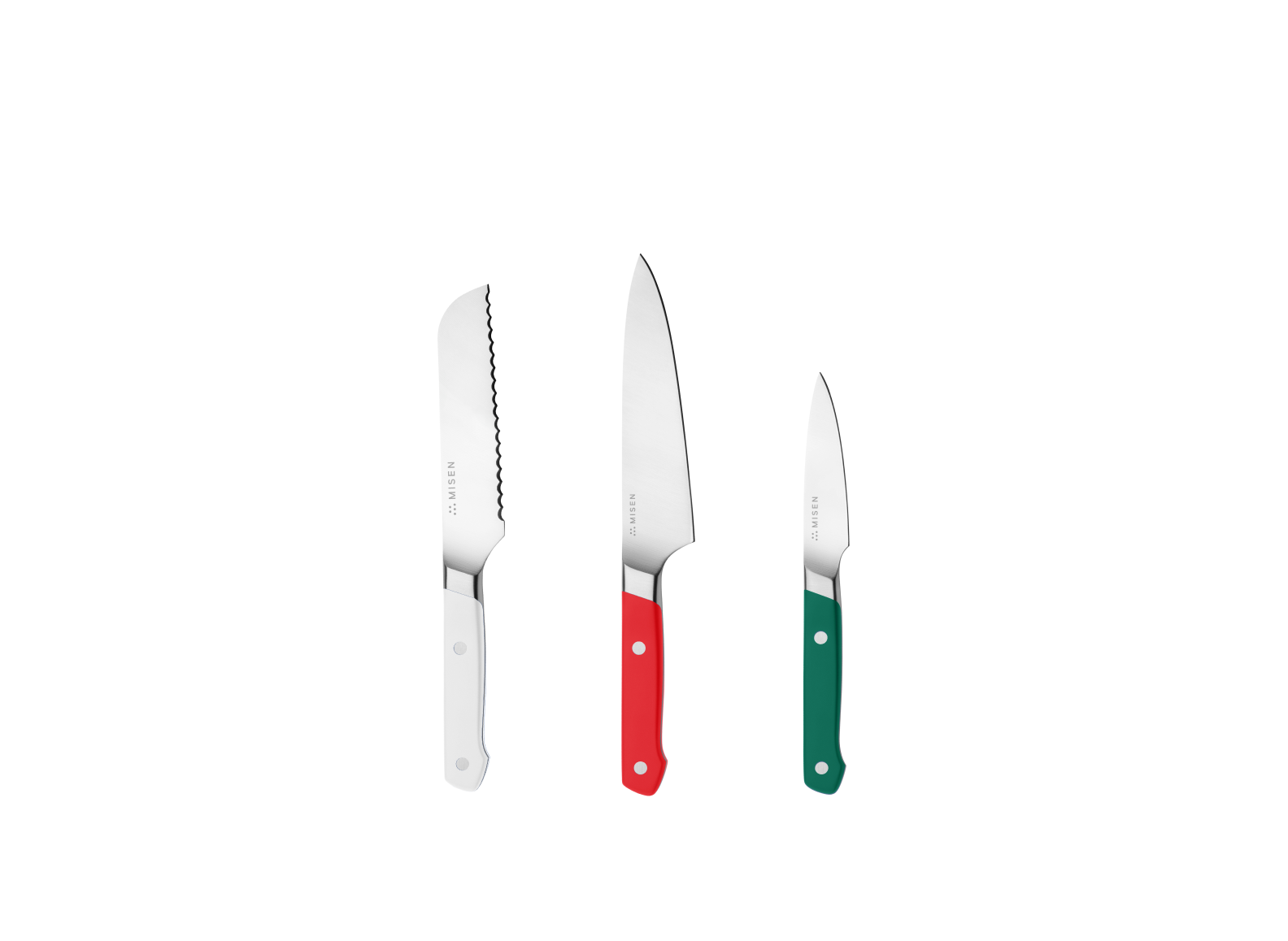 The Misen Minis set comes with a White 5 inch Short Serrated knife, a Red 5.5 inch Utility Knife and a Green 3.5 inch Paring Knife