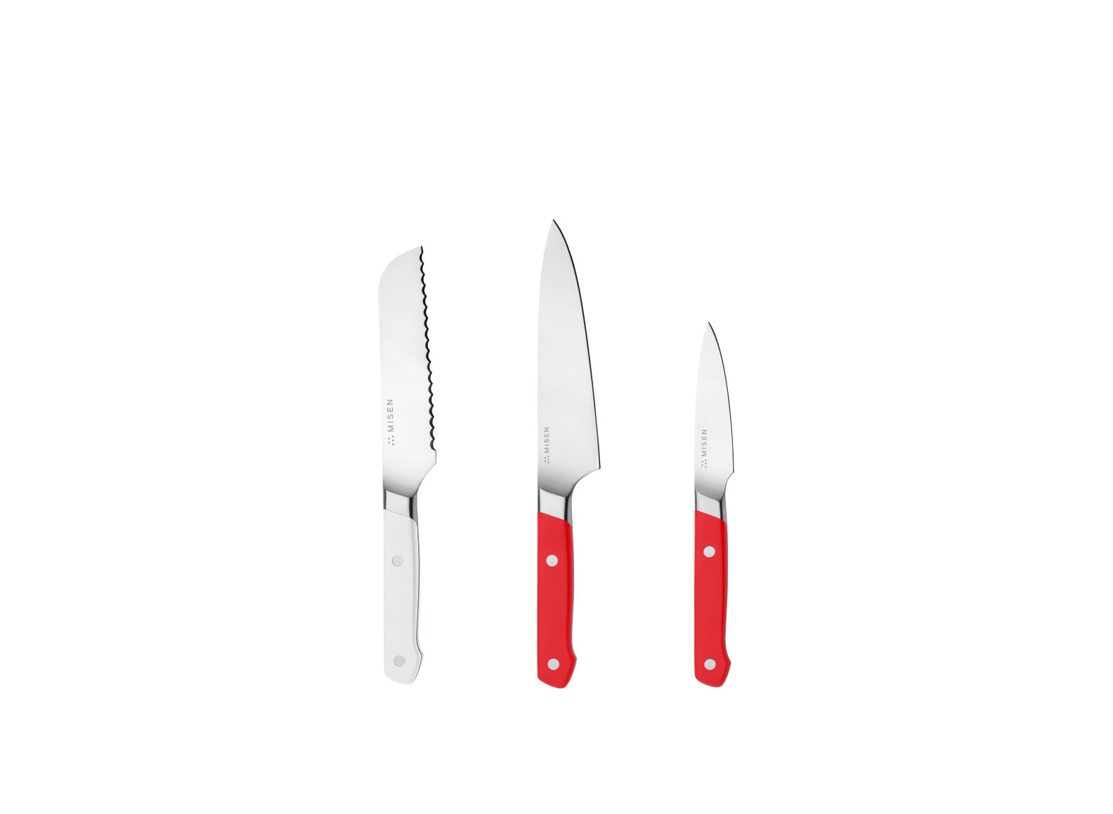 The Misen Minis set comes with a White 5 inch Short Serrated knife, a Red 5.5 inch Utility Knife and a Red 3.5 inch Paring Knife