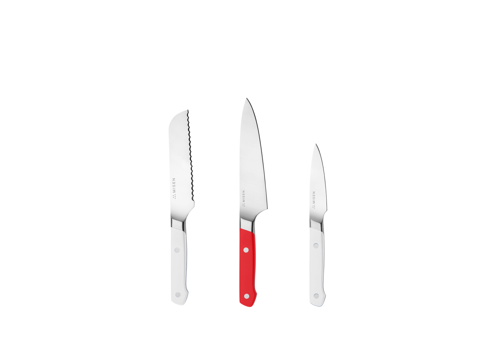 The Misen Minis set comes with a White 5 inch Short Serrated knife, a Red 5.5 inch Utility Knife and a White 3.5 inch Paring Knife