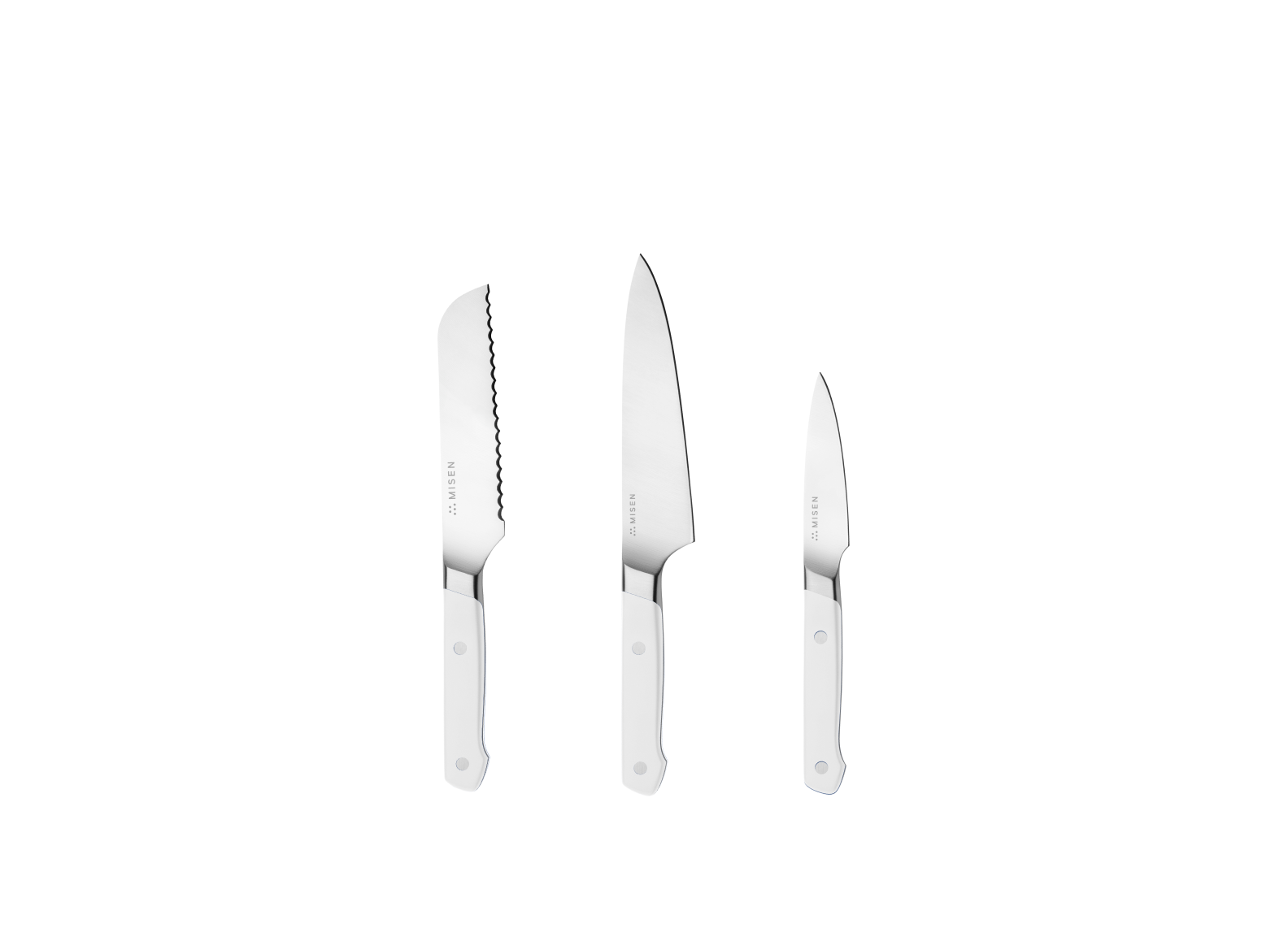 The Misen Minis set comes with a White 5 inch Short Serrated knife, a White 5.5 inch Utility Knife and a White 3.5 inch Paring Knife