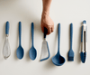 Our Misen Prep Tools, shown in blue, are made with high-grade silicone handles. All you need to grab, flip, scoop, or mix anything in the kitchen.