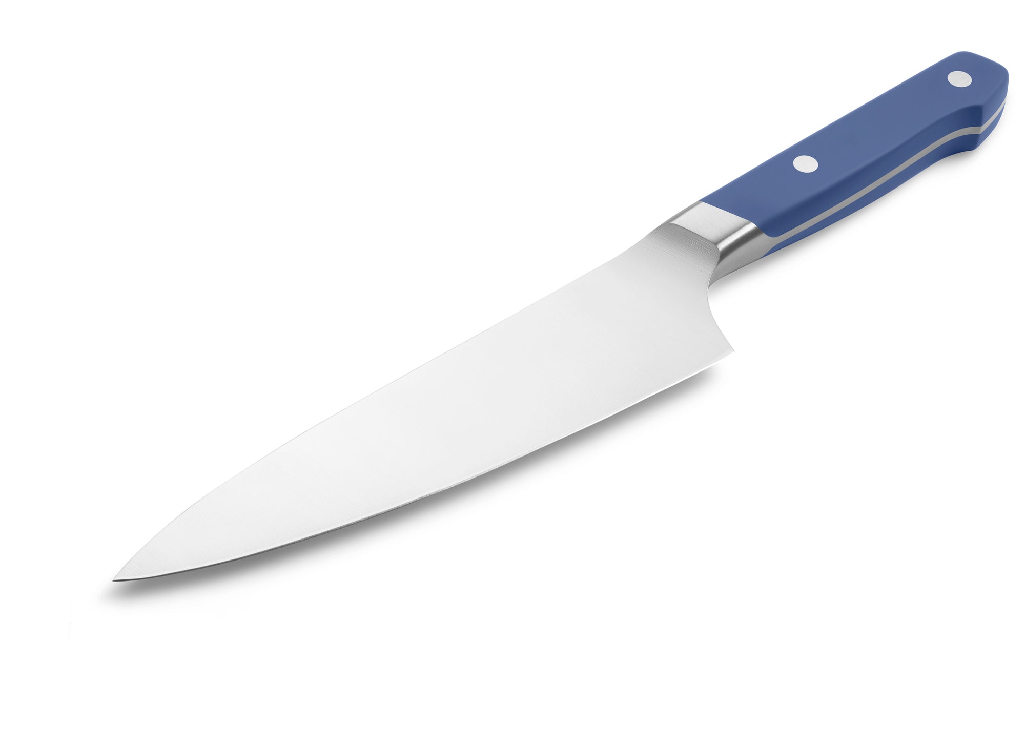 The Misen Chef's Knife in blue features a thick spine and a hybrid German/Japanese belly.