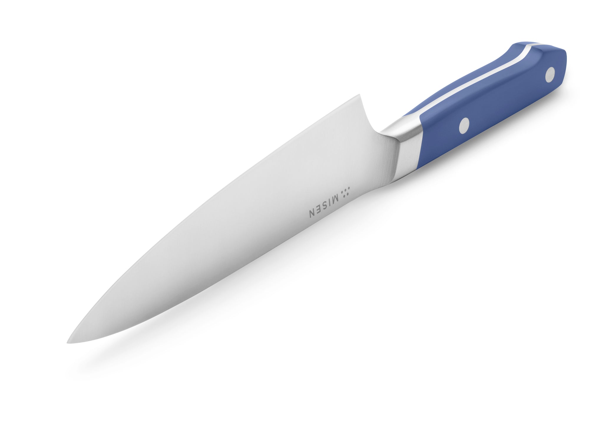 Blade tip and edge of Misen Short Chef's Knife in blue