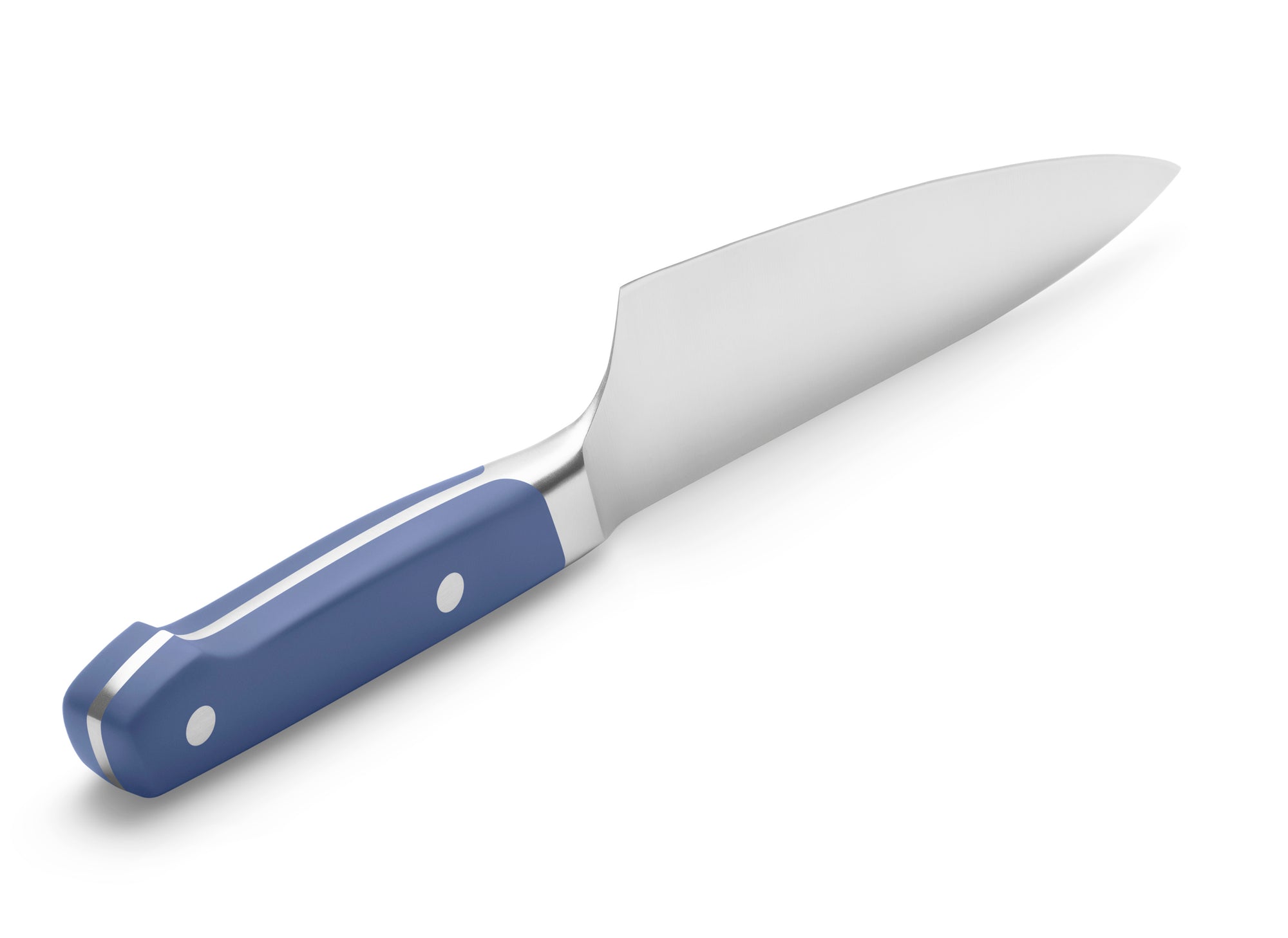 Misen Short Chef's Knife handle in blue with full tang and rivets