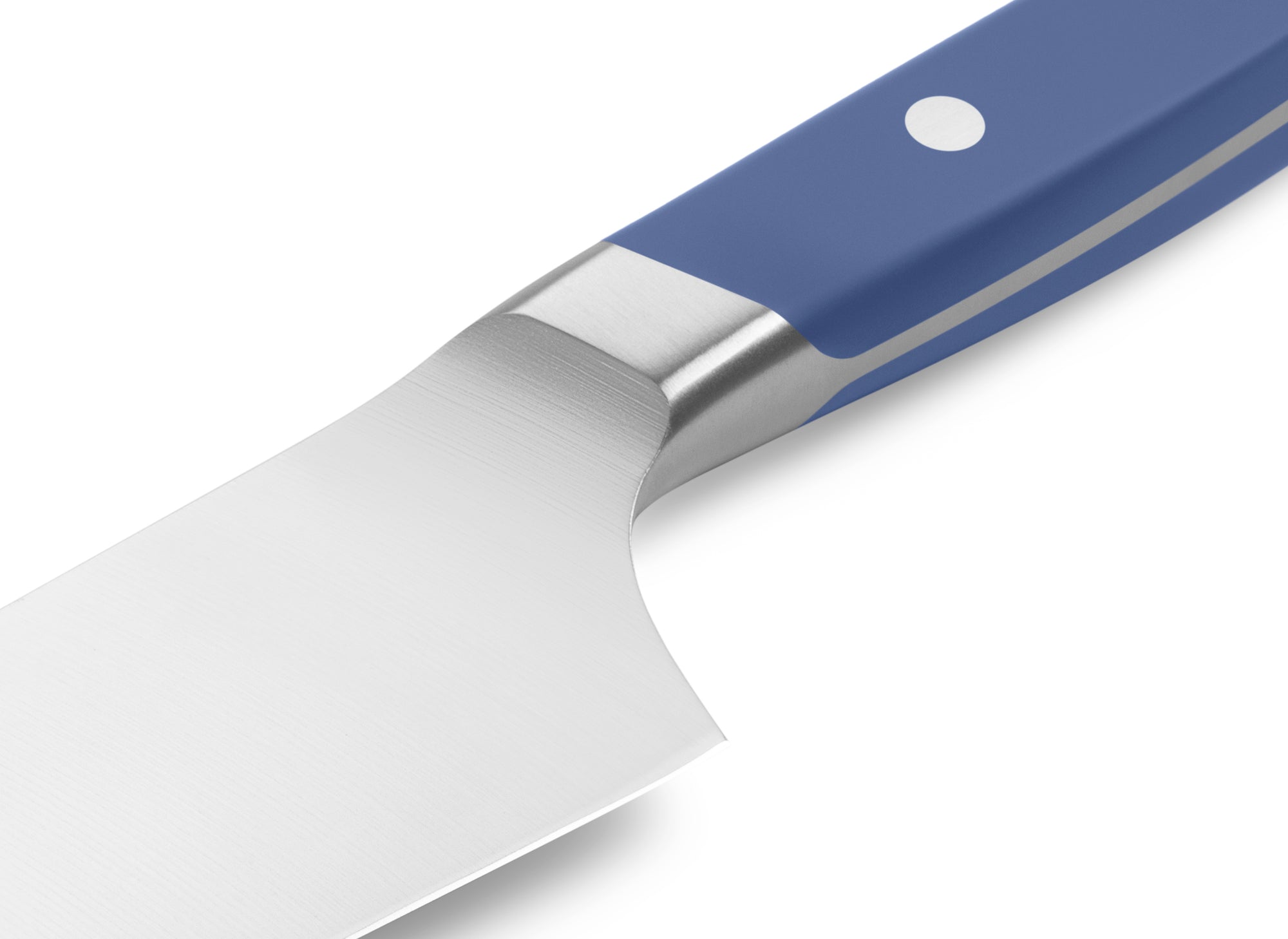 The Misen Chef's Knife in blue features a unique sloped bolster.