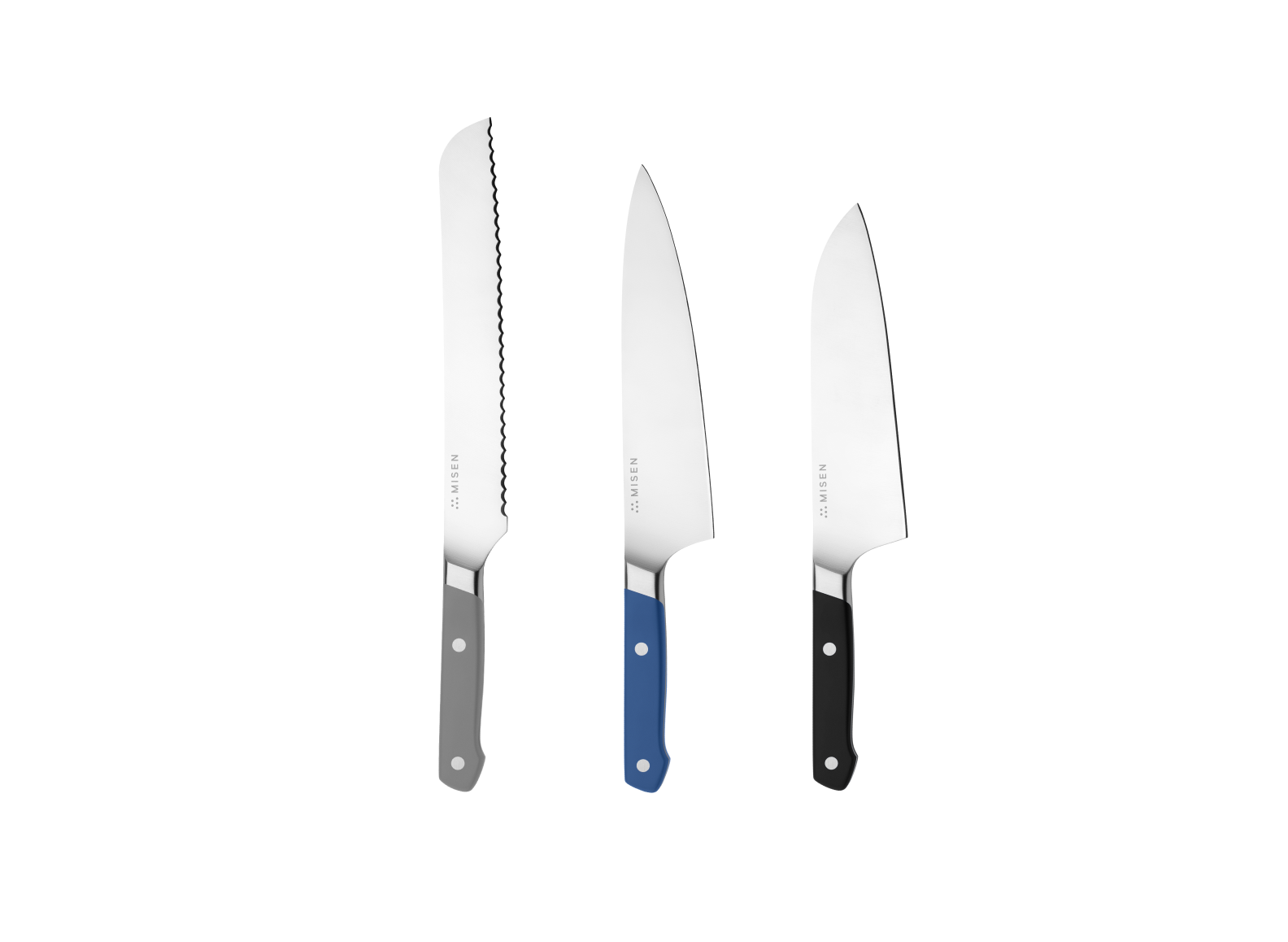 The Misen Big Knives bundle comes with an 8 inch gray Serrated Knife, a blue 8 inch Chef's Knife and a black 8 inch Santoku Knife.